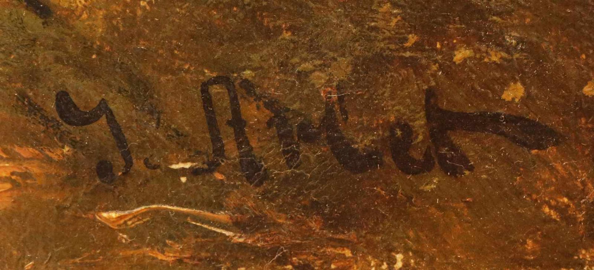 J. ARLET (Maler des 19. Jhdts.)Öl auf Leinwand (doubliert), ¨Frau auf Waldweg neben Klostermauer, in - Bild 2 aus 2