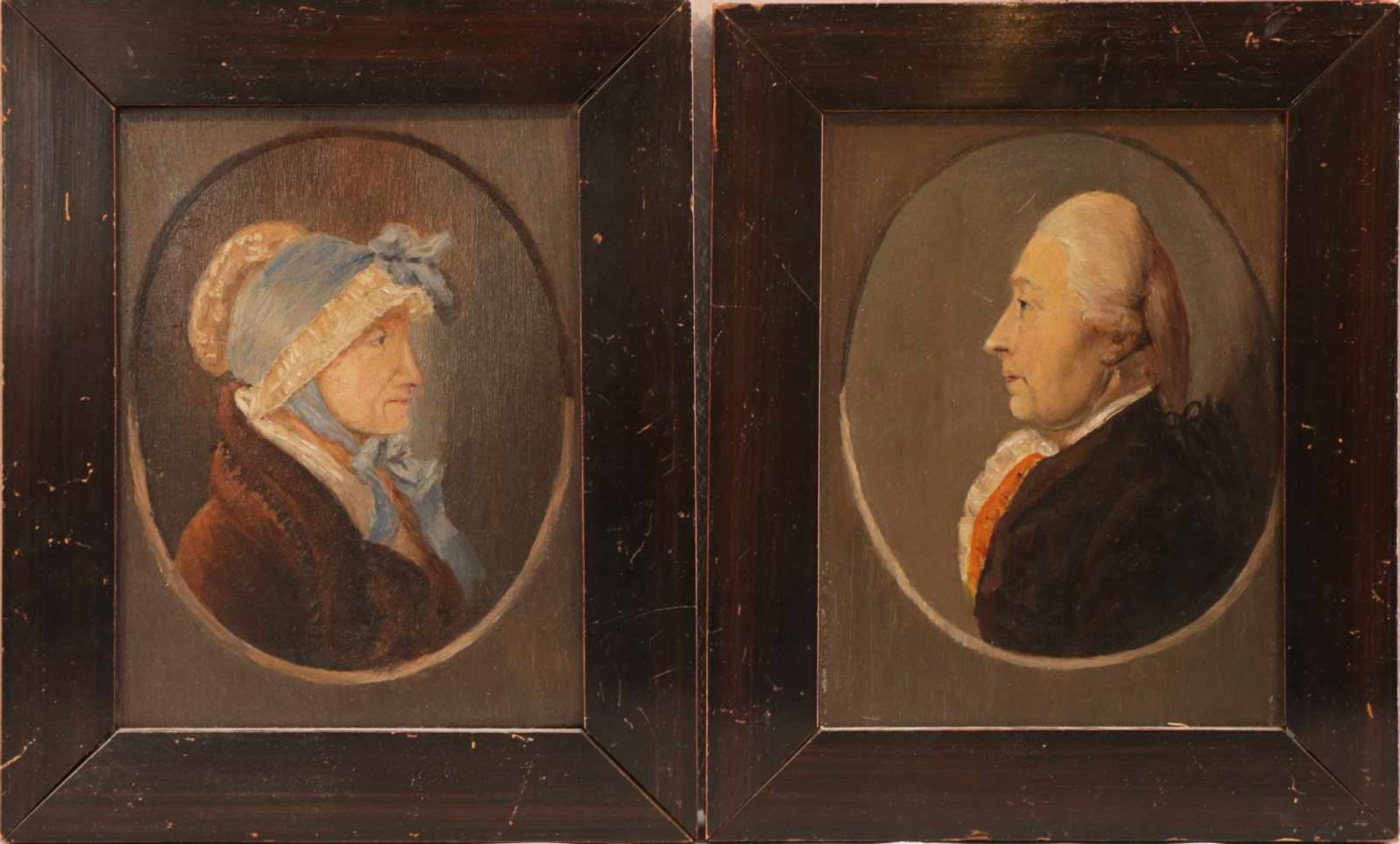 UNBEKANNTER KÜNSTLERPaar Biedermeier Porträts, Öl auf Holzplatte (Mahagoni), ¨Das Ehepaar Siegismund