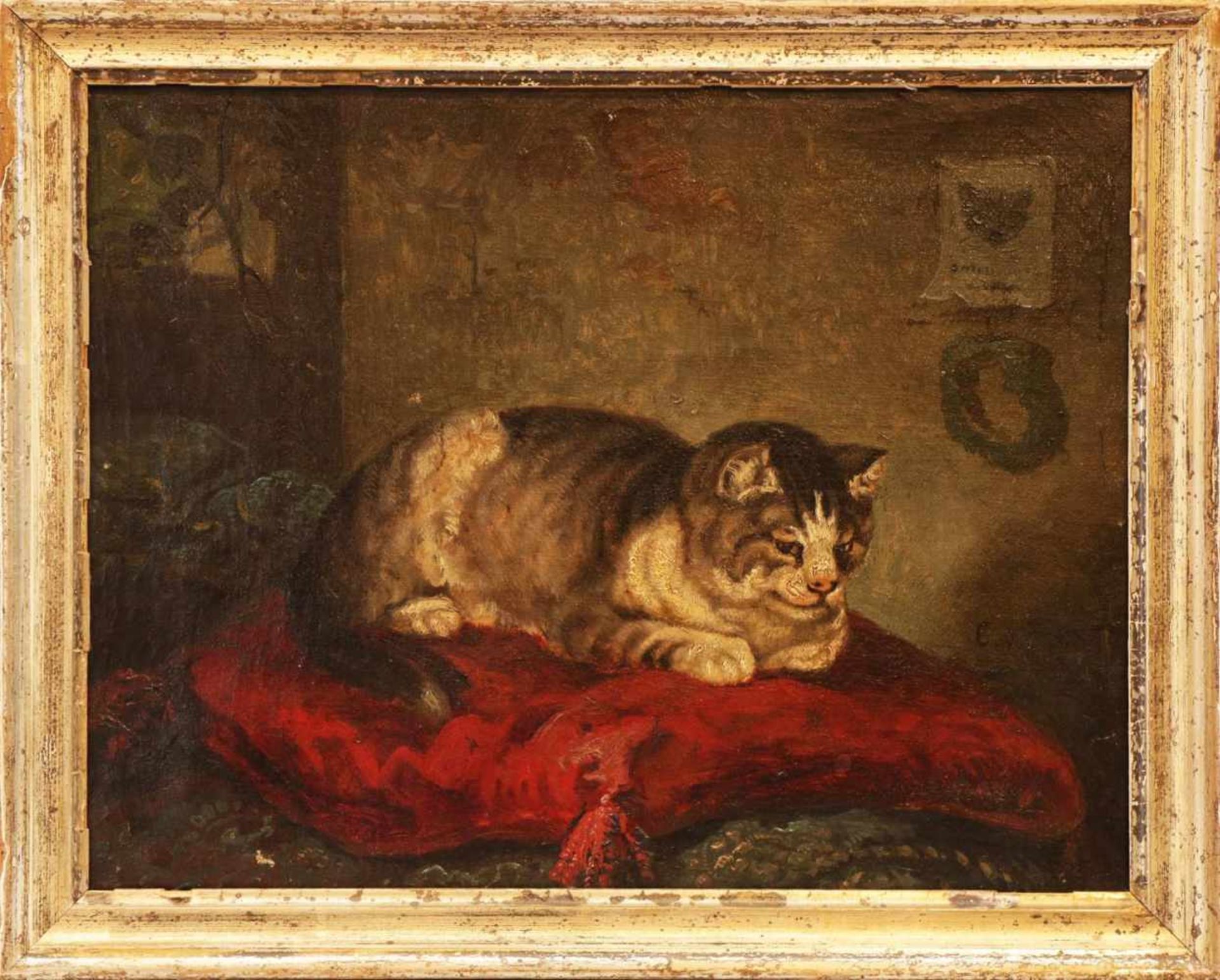 UNBEKANNTER MONOGRAMMISTÖl auf Leinwand, ¨Auf rotem Kissen liegende Katze¨, am rechten Rand