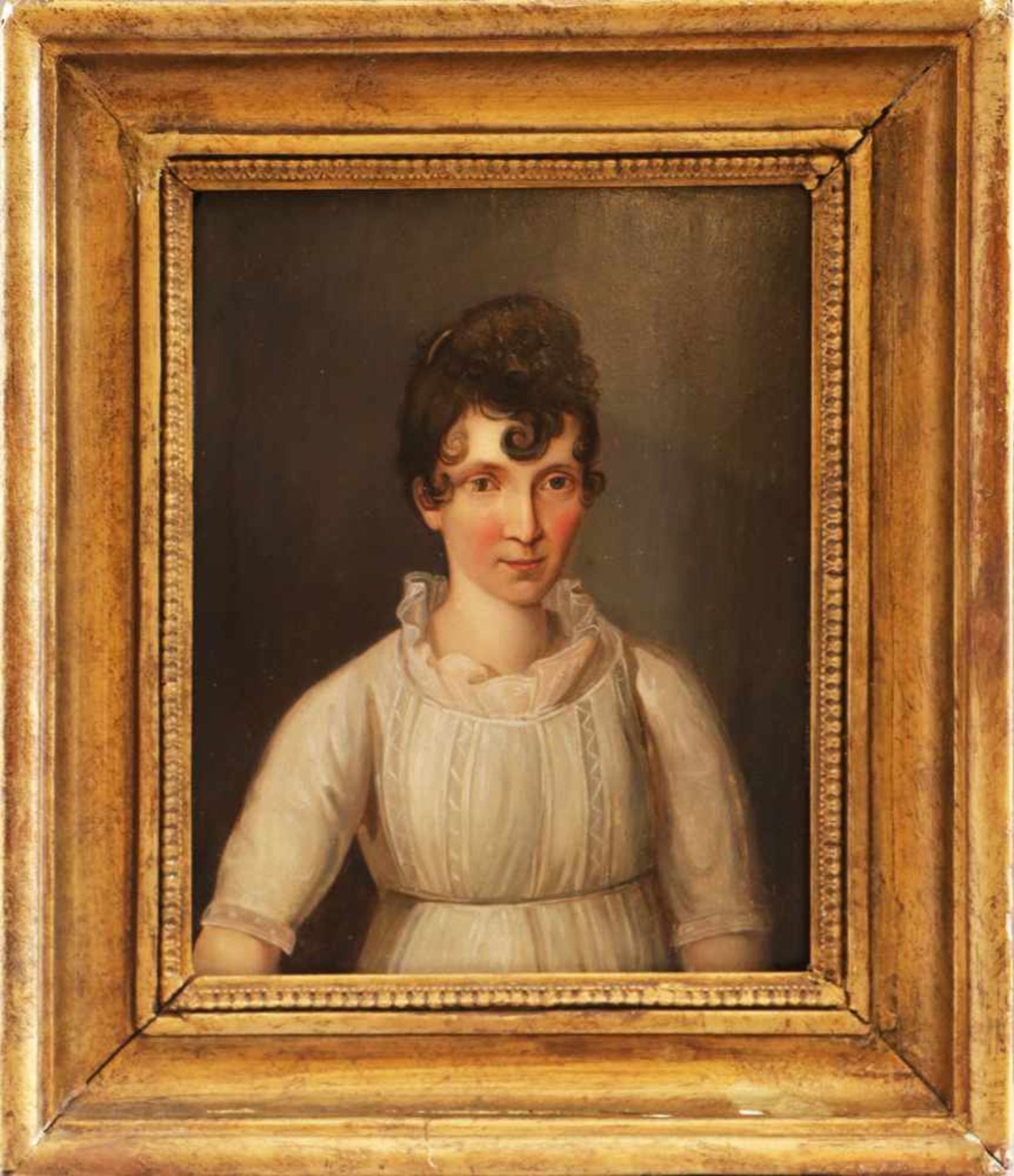 ANONYMER KÜNSTLER des 19. JahrhundertsÖl auf Holz, ¨Porträt einer Dame in weißem