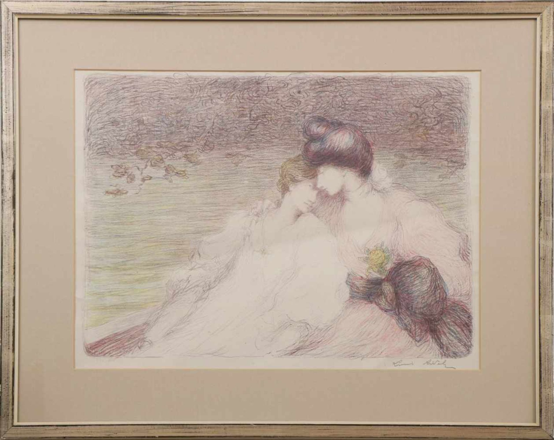 LOUIS MARIE JOSEPH RIDEL (1866 Vannes/Morbihan-1937 Paris)Farblithographie, ¨2 elegante Damen in