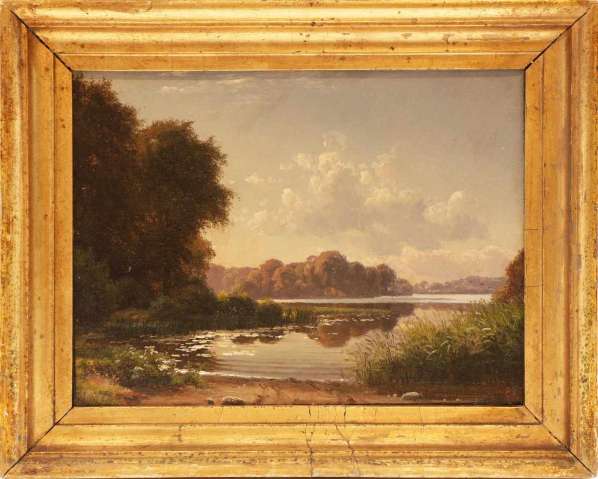 Wohl CARSTEN HENRICHSEN (1824 Kopenhagen-1897 ebenda)Öl auf Karton, ¨Sommerliche Seelandschaft mit