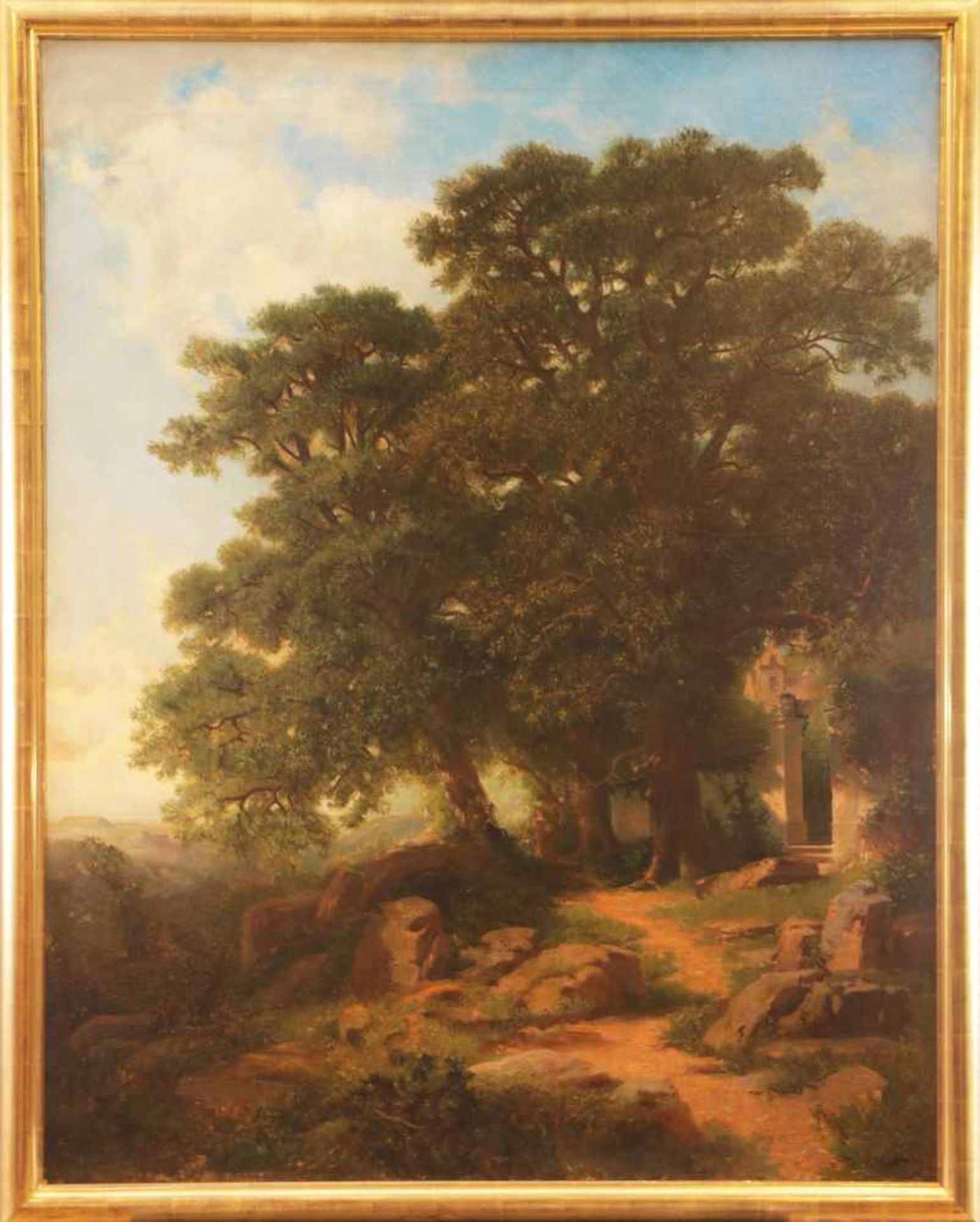 J. ARLET (Maler des 19. Jhdts.)Öl auf Leinwand (doubliert), ¨Frau auf Waldweg neben Klostermauer, in