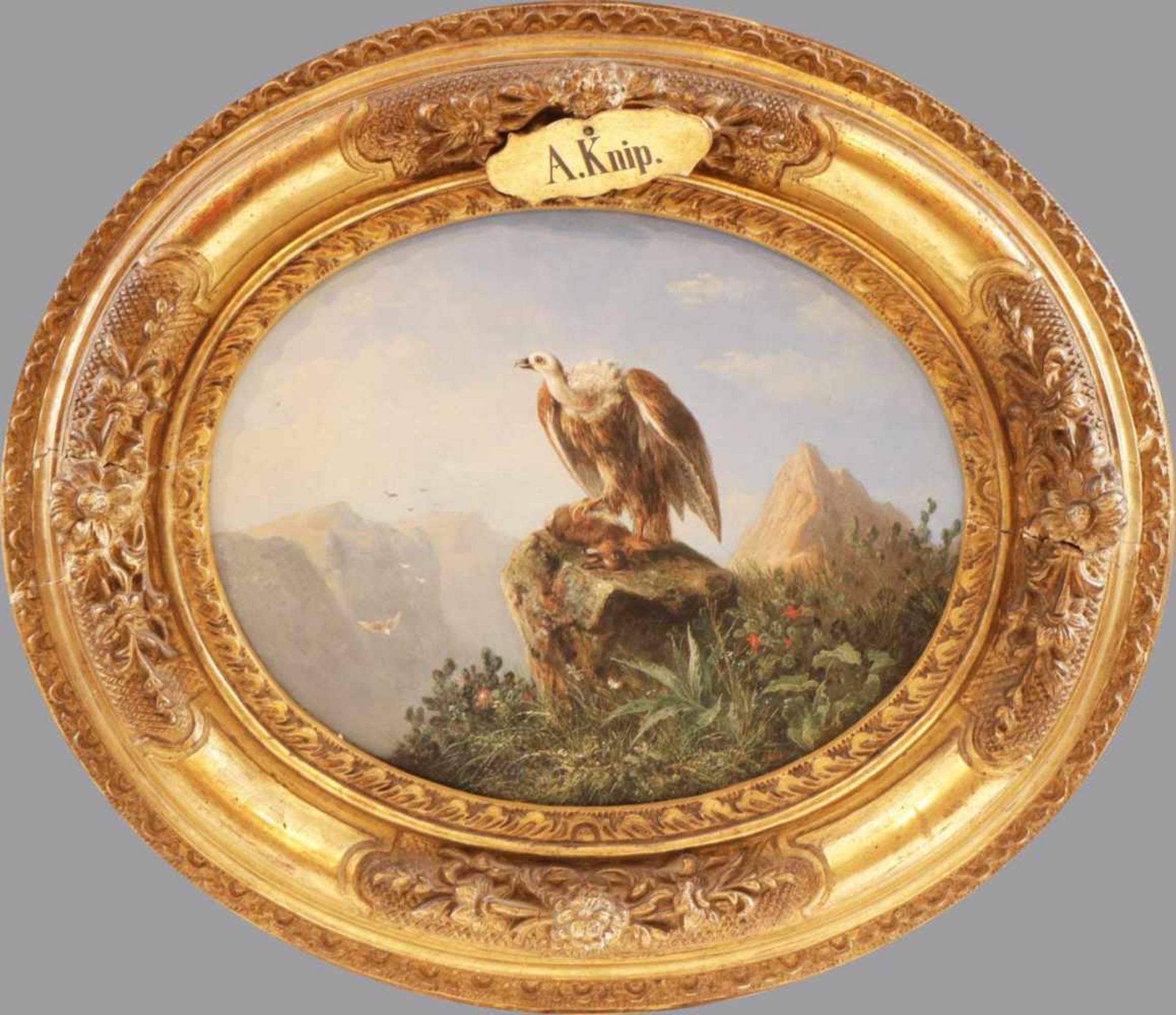AUGUST KNIP (1819 Amsterdam-1859 Baden-Baden)Öl auf Platte, ¨Geier mit erlegtem Hasen auf Fels vor