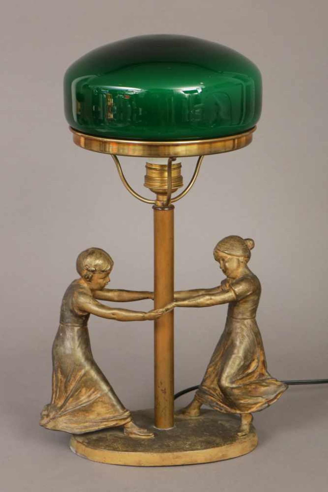 Jugendstil Tischlampeum 1900, Fuß mit Figurenstaffage ¨2 Kinder tanzen einen Reigen¨, ovale