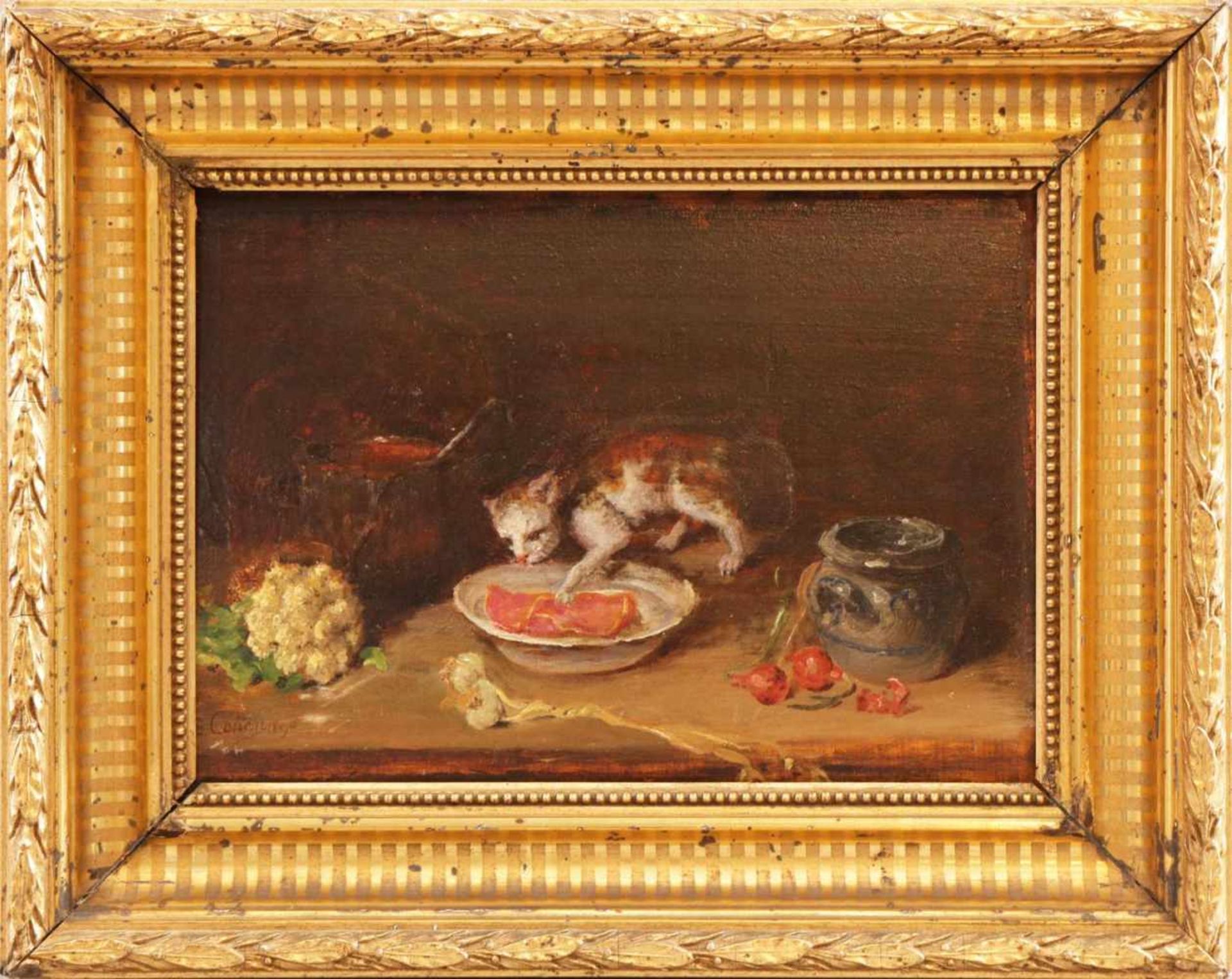 ELLEN GERTRUDE COHEN (1846-?)Öl auf Holzplatte, ¨Katze stiehlt ein Stück Fleisch vom Küchentisch¨,