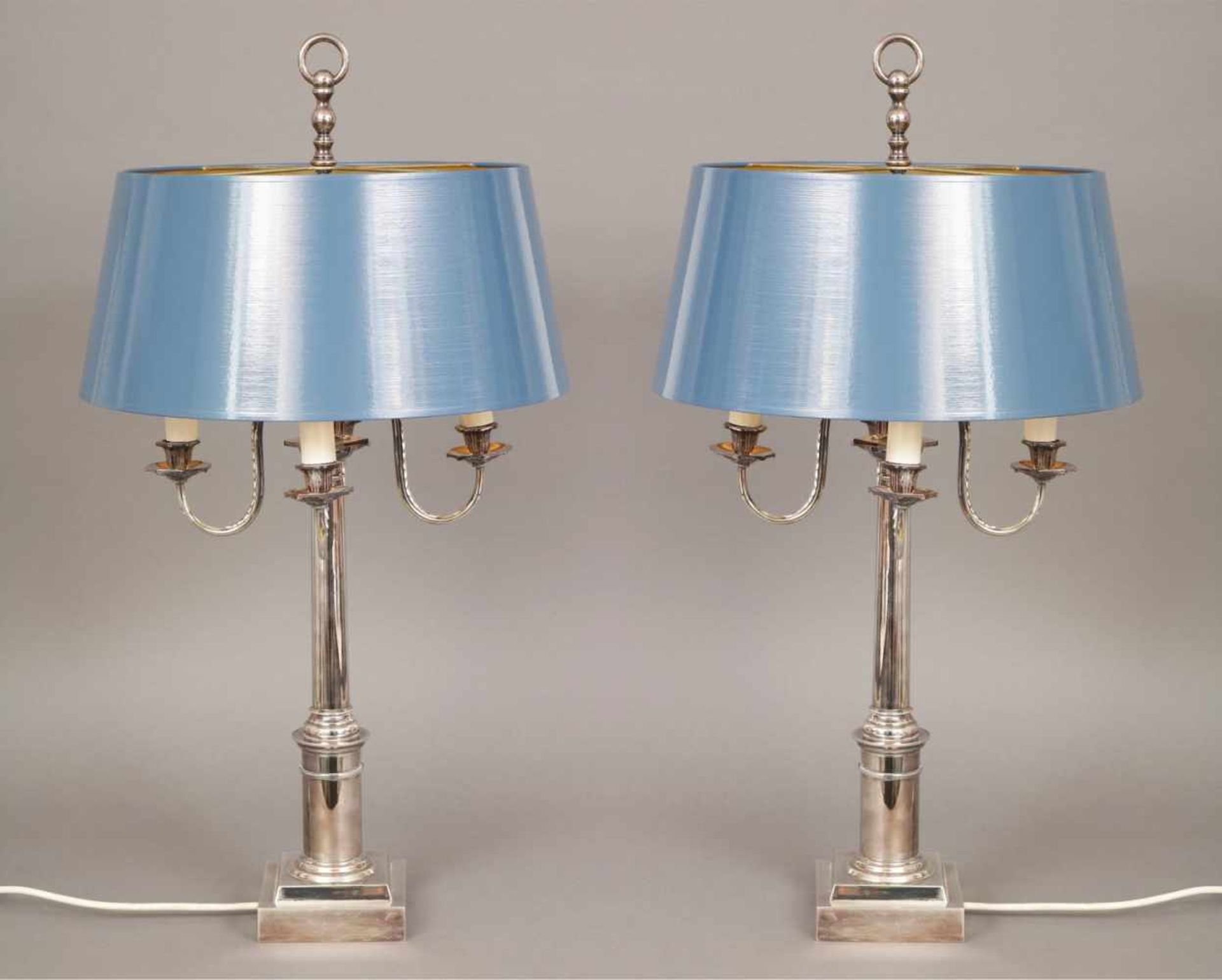 Paar Lampen im Bouilotte-Stilversilbertes Metall, England, 2. Hälfte 20. Jhdt., Säulenform mit 4