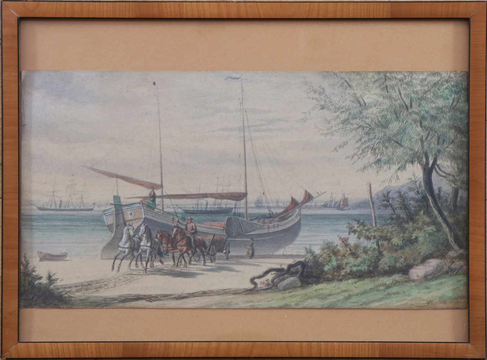 ANONYMAquarellzeichnung auf Papier, ¨Pferdefuhrwerk beim Entladen eines Küstenseglers vor Segler-