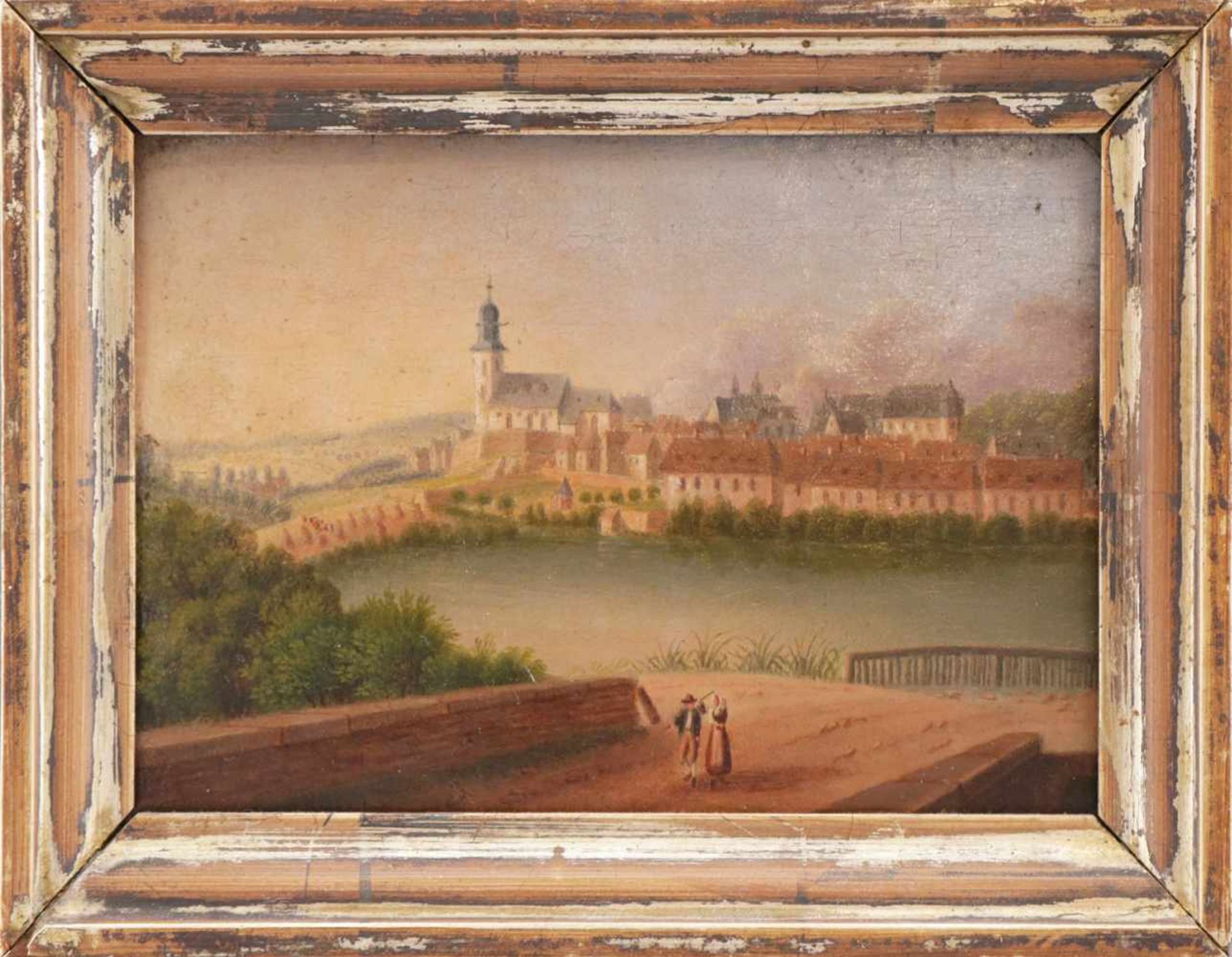 ANONYMÖl auf Pappe, ¨Blick auf eine süddeutsche Stadt (Ingolstadt?) mit Spaziergängern¨, um 1820 (