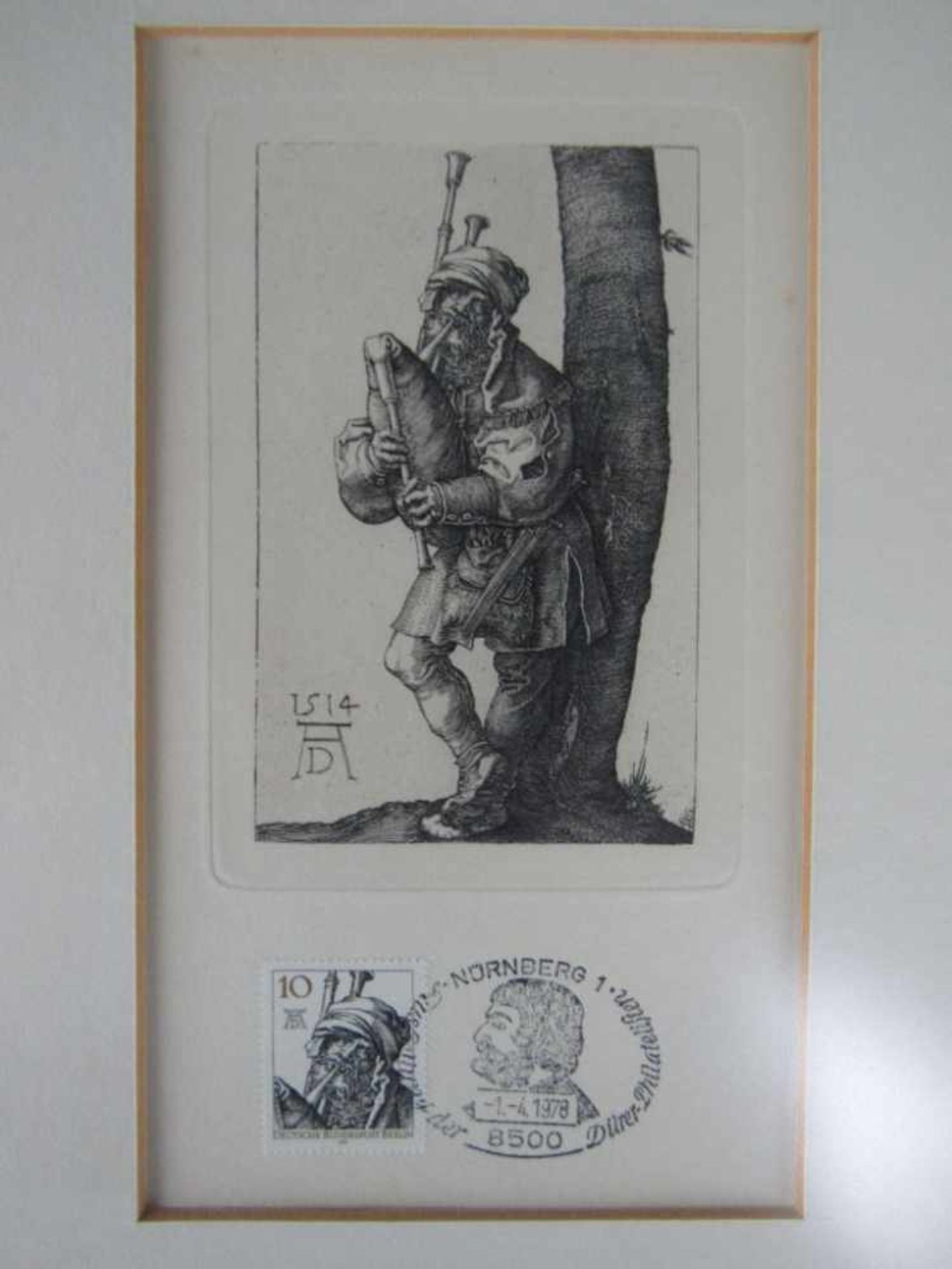 Druck Grafik Albrecht Dürer mit dazu gehöriger Ersttagsmarke Maße der Grafik 11,7x7,4 cm