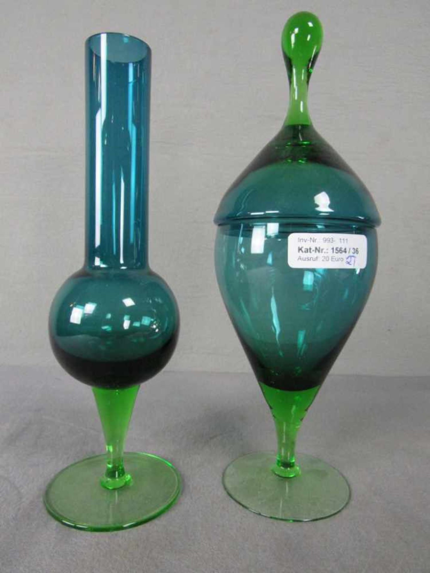2x Designglas Grün Petrolverlaufend Bonboniere und Vase 60er Jahre