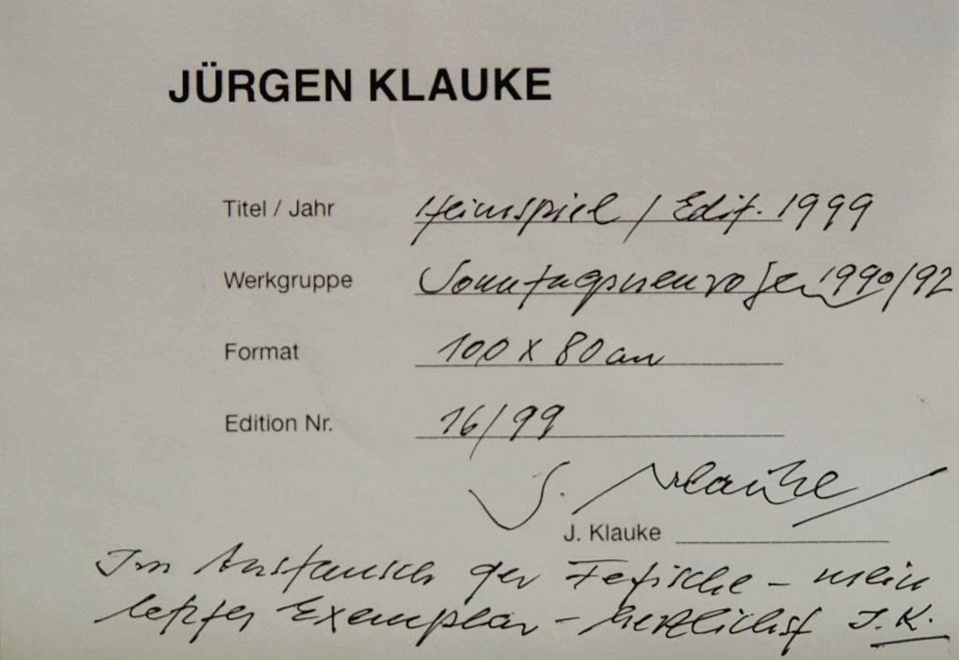 KLAUKE, Jürgen KLAUKE, Jürgen. 1943 Cliding , lebt in Köln. Signierter Fotodruck . Titel: Heimspiel, - Image 6 of 8