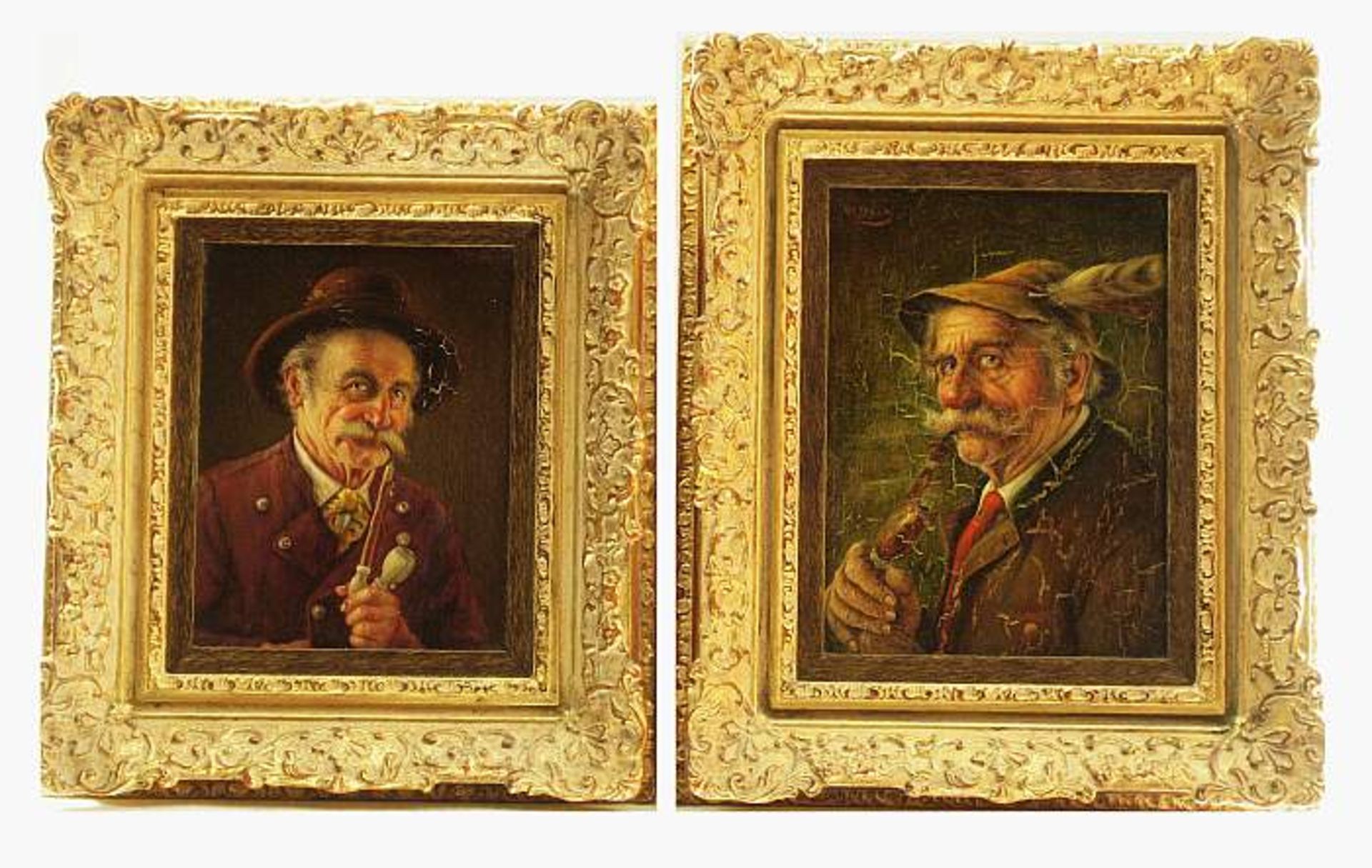 Zwei Porträts "Bauer mit Pfeife". Zwei Porträts "Bauer mit Pfeife", in festlicher Tracht. Öl auf
