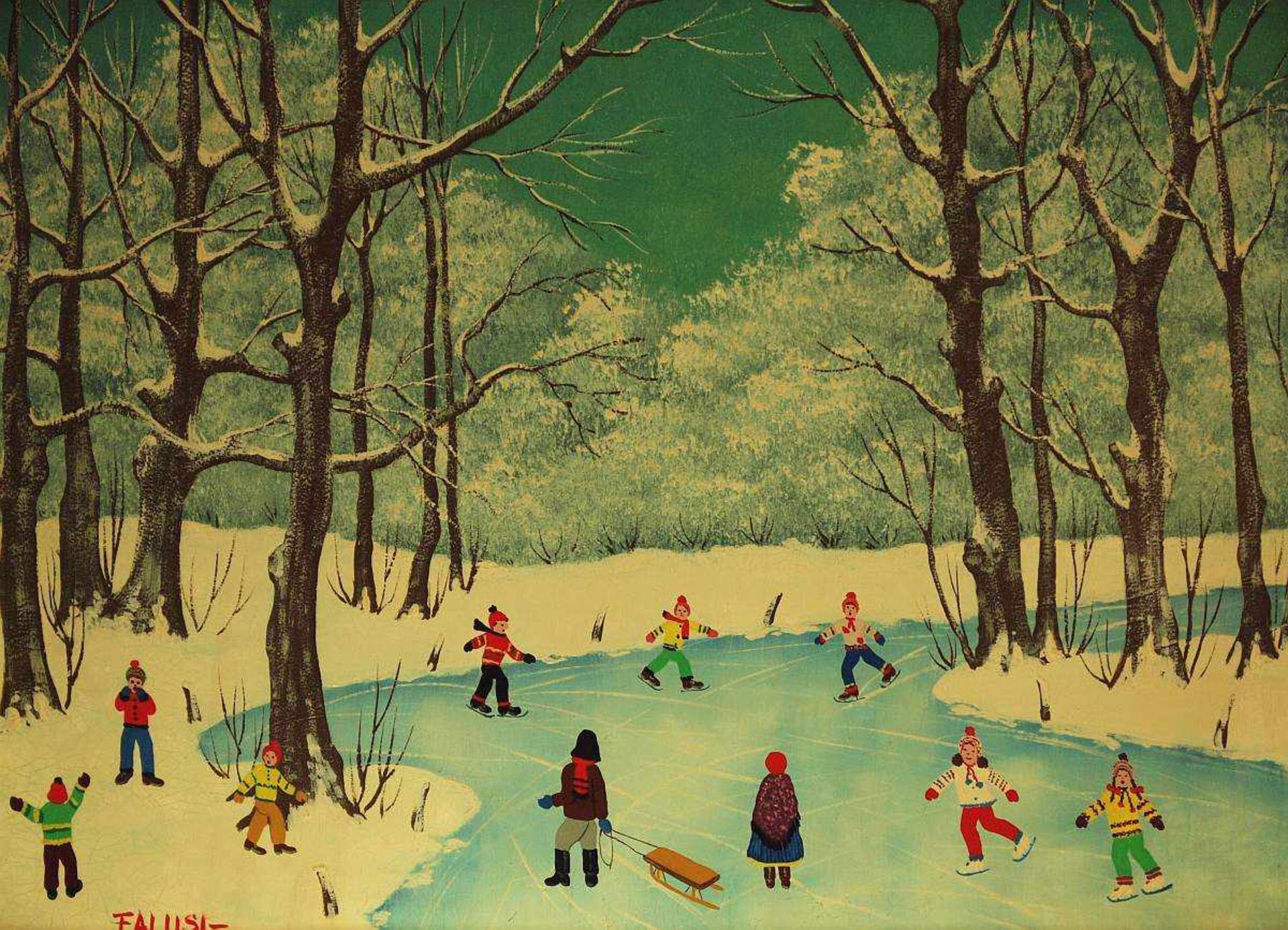FALUSI. FALUSI. 20. Jahrhundert. Naive Malerei "Wintervergnügen". Öl auf Pressplatte, links unten - Bild 2 aus 5