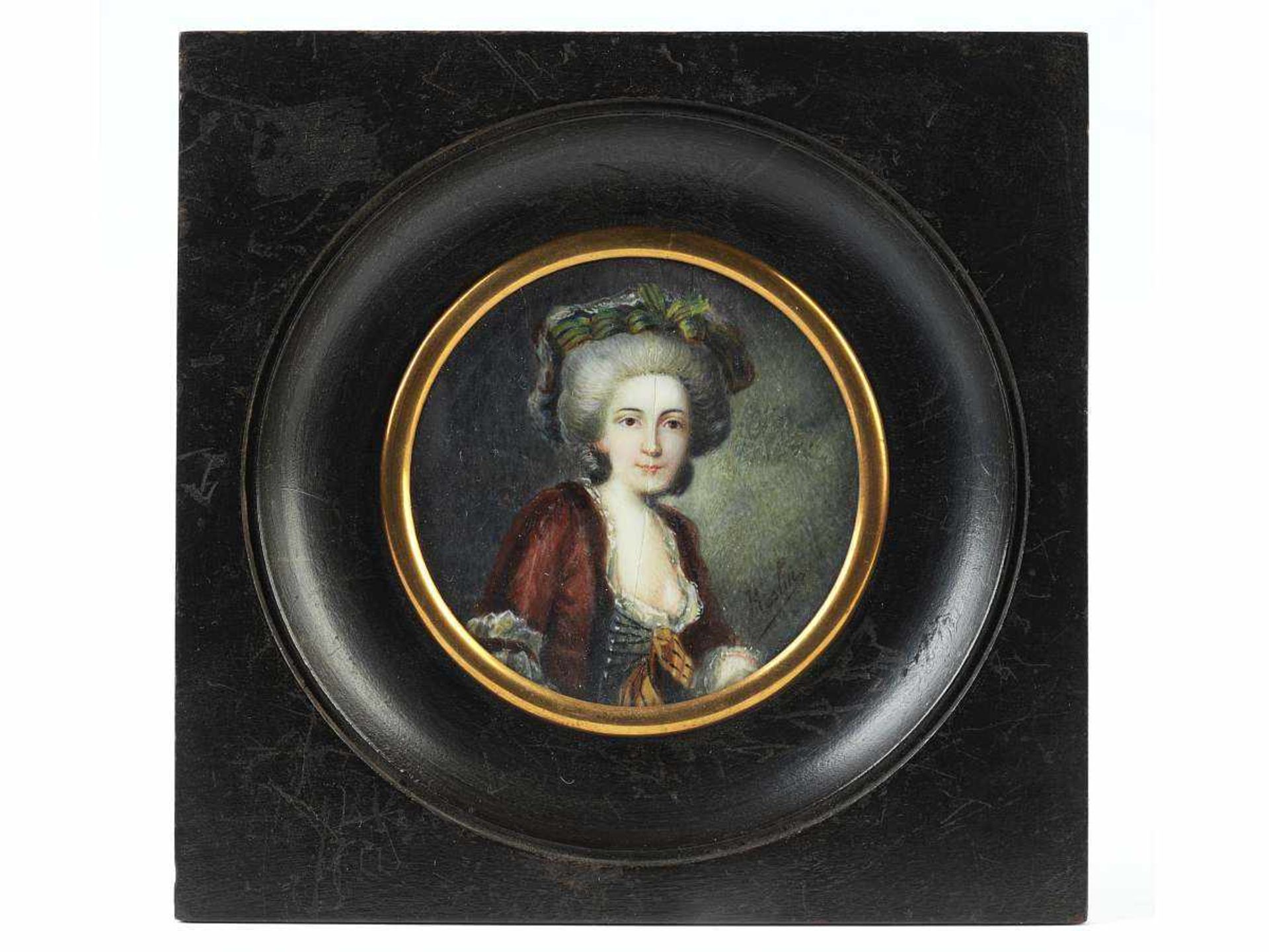 Miniaturbildnis einer Dame. Miniaturbildnis einer Dame. 19. Jahrhundert. Öl auf Elfenbeinplatte, - Bild 2 aus 6