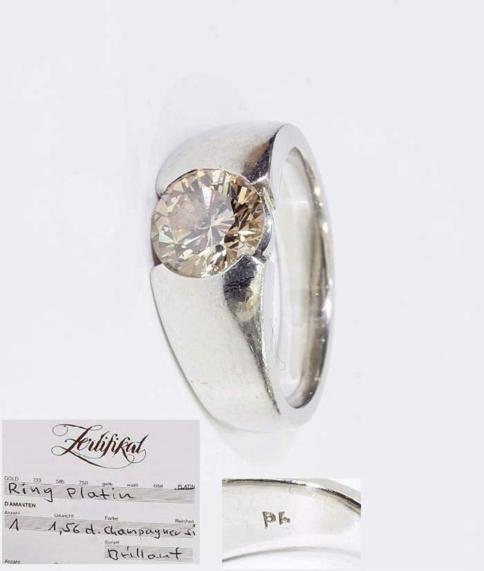 Platin-Brillant-Ring. Platin-Brillant-Ring, Mittig Brillant 1,56 ct/si, Farbe champagner. Kauf-