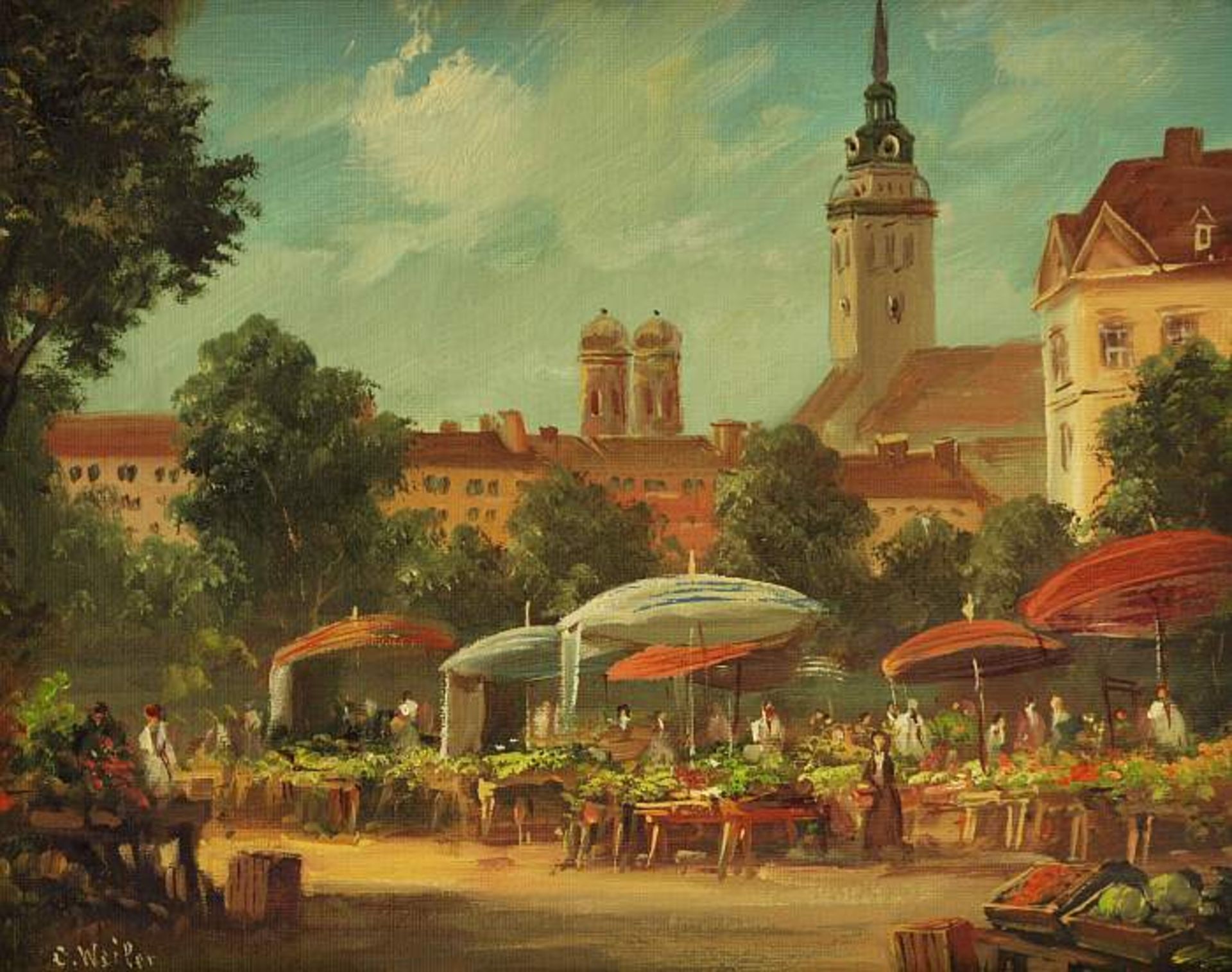 WEILER, C. WEILER, C. 1927 München. Blick auf den Viktualienmarkt. Öl auf Holz, links unten