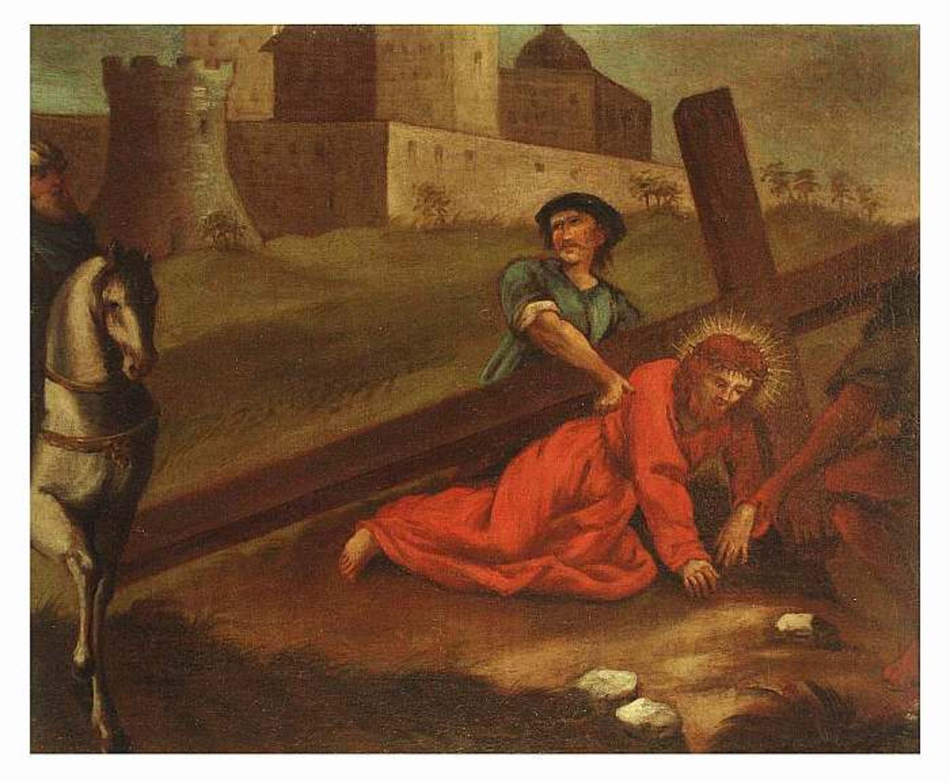 Maler des 18. Jahrhunderts. Maler des 18. Jahrhunderts. "Kreuzwegstation Nr. 3: Jesus fällt zum