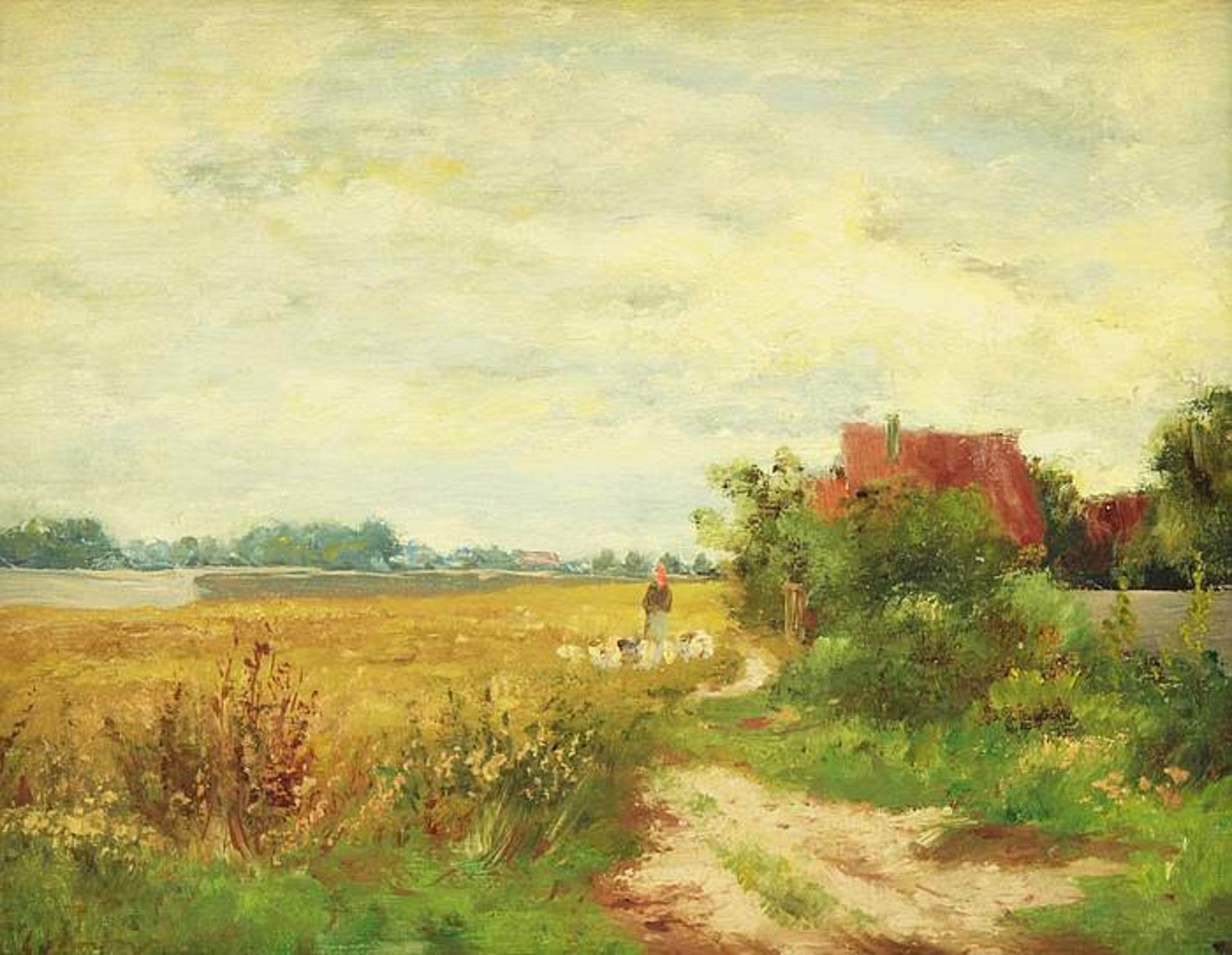 Gänsemagd in spätsommerlicher Landschaft. Gänsemagd in spätsommerlicher Landschaft. Öl auf Holz,