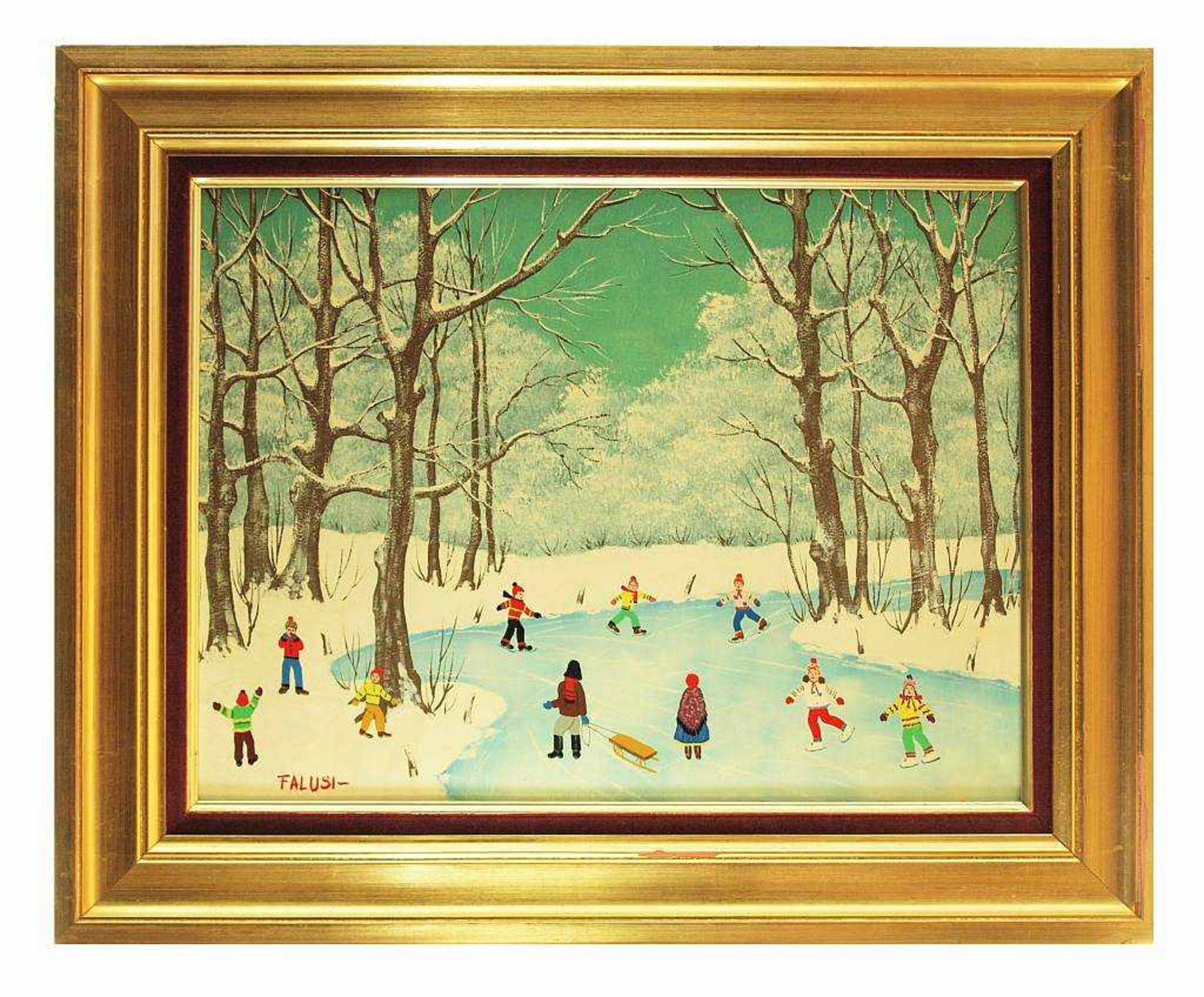 FALUSI. FALUSI. 20. Jahrhundert. Naive Malerei "Wintervergnügen". Öl auf Pressplatte, links unten - Bild 3 aus 5