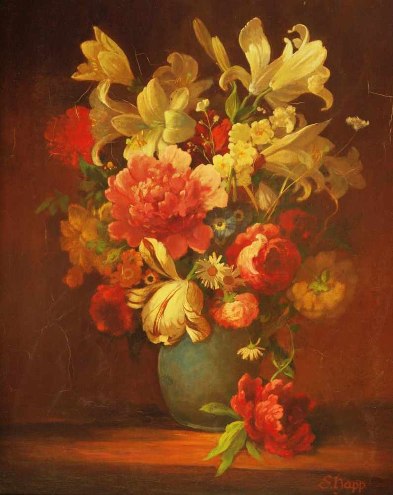 HAPP, Sepp. HAPP, Sepp. 1912 Bad Brückenau. Blumen in blauer Vase mit Pfingstrosen. Öl auf Holz, - Bild 2 aus 5