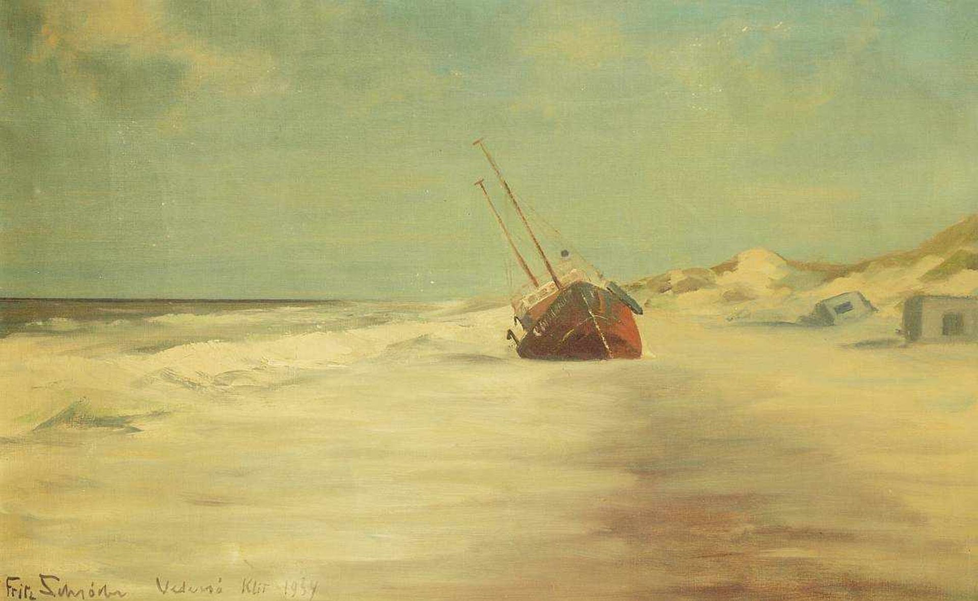 SCHRÖDER, Fritz. SCHRÖDER, Fritz. 1891 - 1972. Dänischer Maler. Gestrandetes Fischerboot vor - Bild 2 aus 5