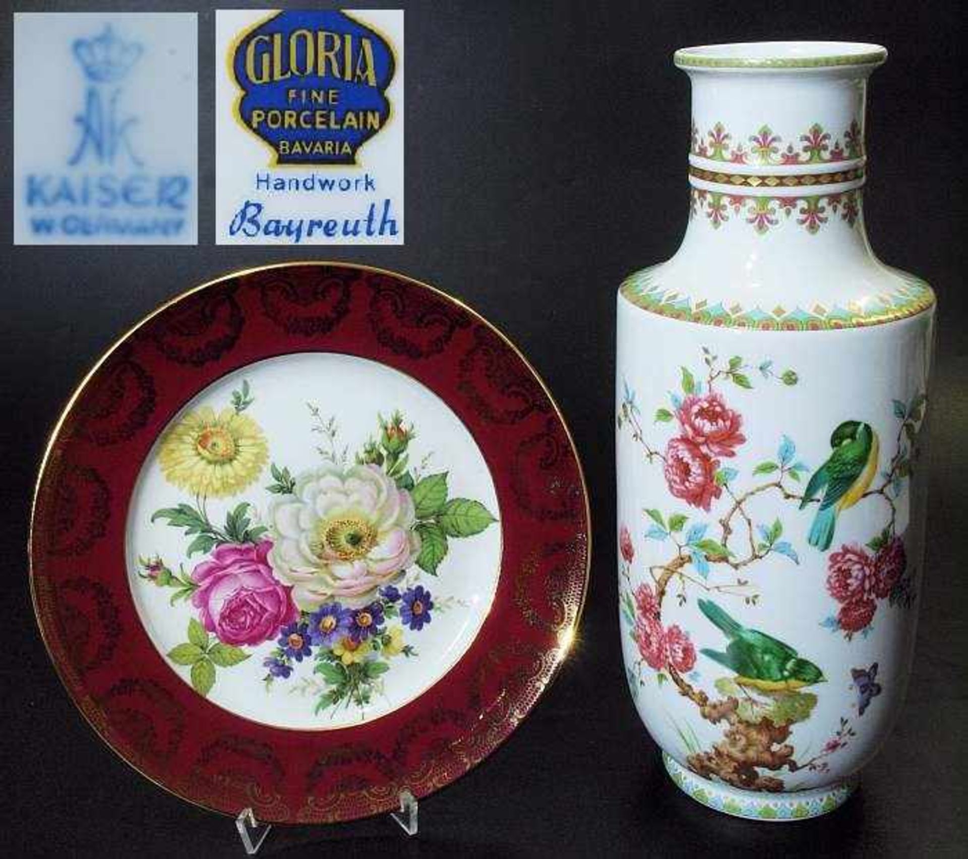 Vase. Zierteller. Vase. KAISER Porzellan 20. Jahrhundert. Farbige Bemalung mit Vögeln auf