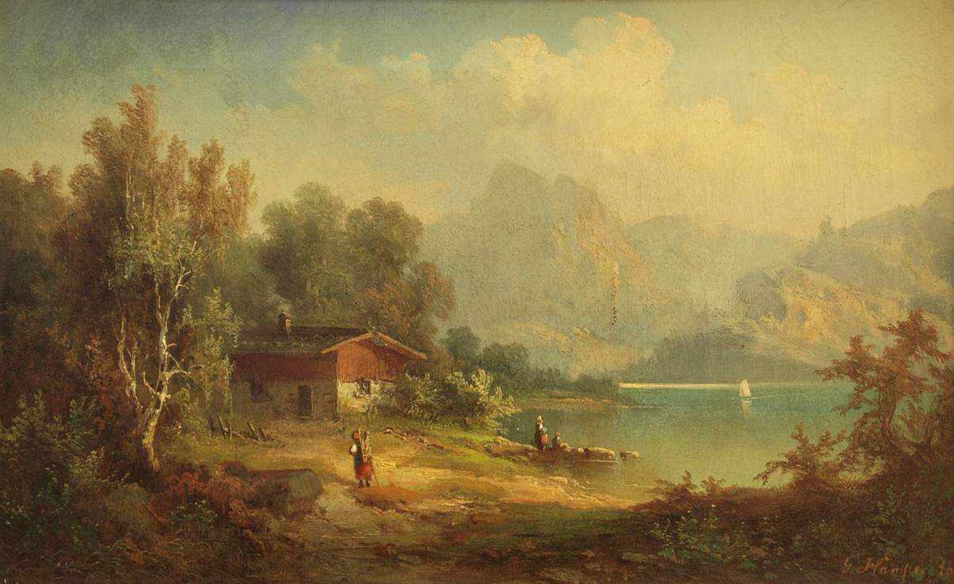 HAMPE, Guido. HAMPE, Guido. 1839 Berlin - 1902 ebenda. "Der Vierwaldstätter See". Öl auf Leinwand, - Image 2 of 6