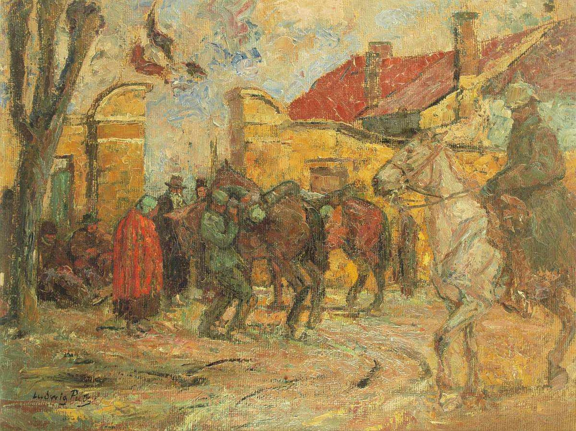 PUTZ, Ludwig. PUTZ, Ludwig. 1866 Wien - 1947 München. Farbenfrohe Straßenszene mit Kavallerie vor - Bild 2 aus 5