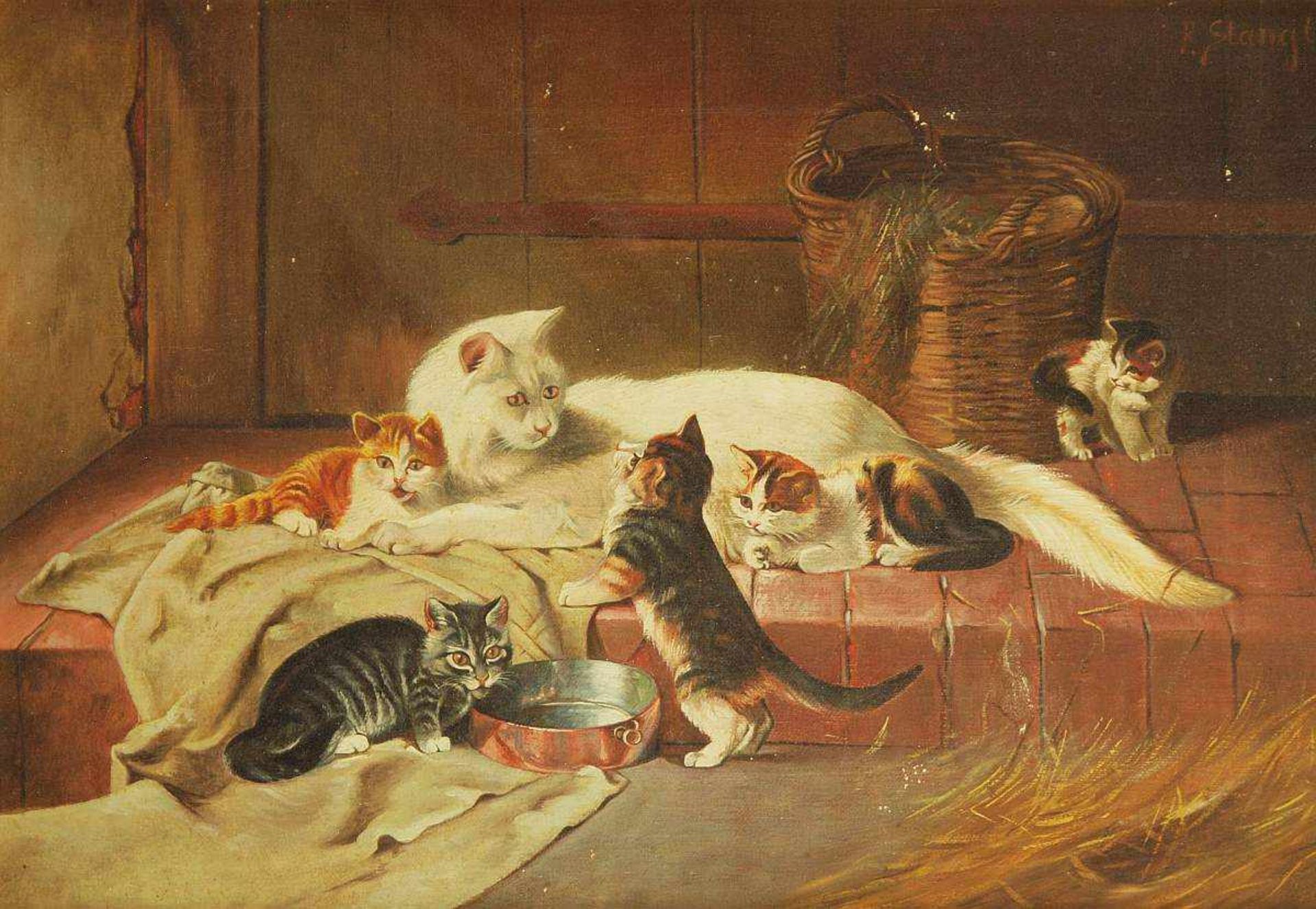 STANGL, Franz Xaver. STANGL, Franz Xaver. 20. Jahrhundert. Katzenmutter mit ihren fünf Jungen, Öl - Image 2 of 5