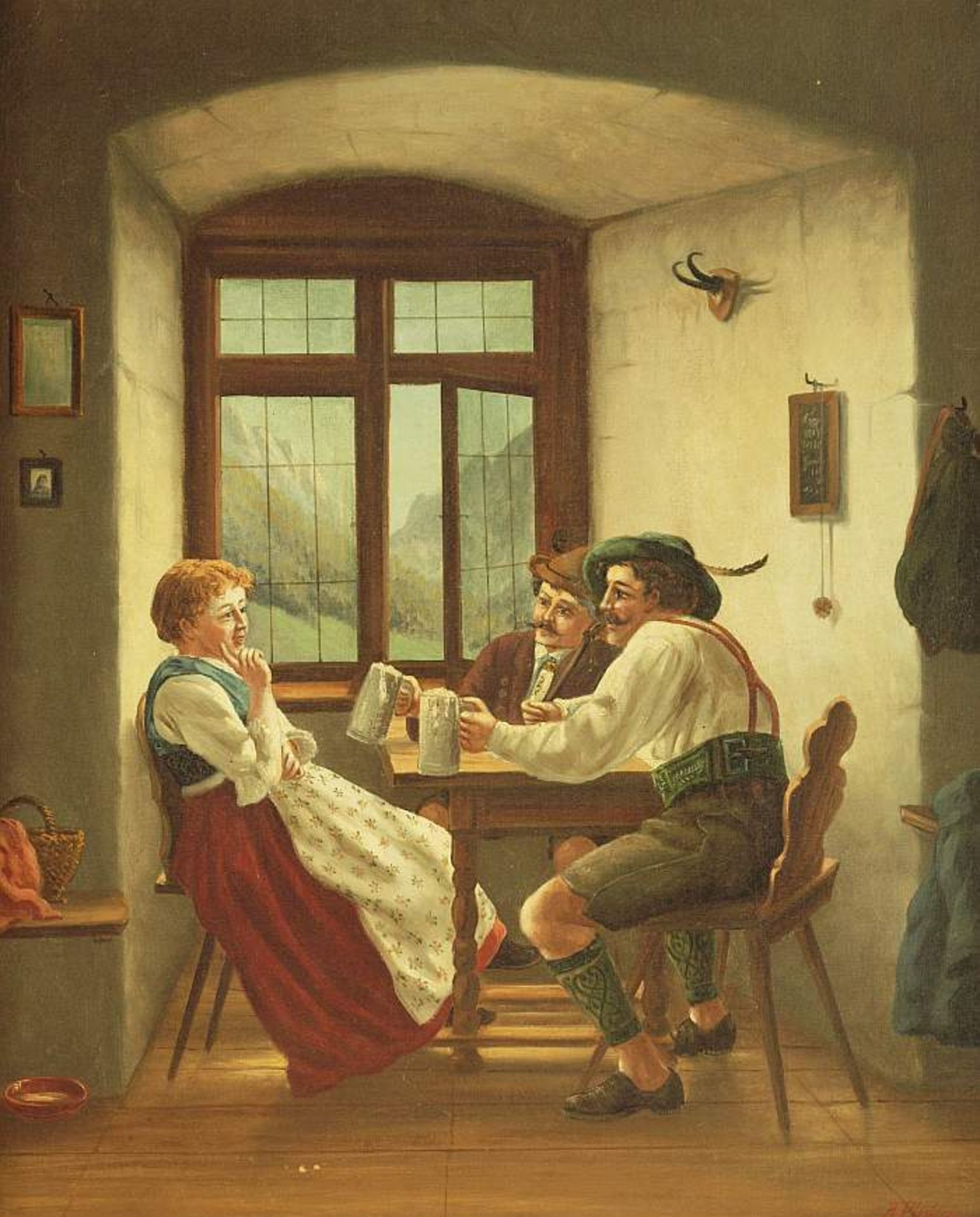 PFISTERER, A. PFISTERER, A. Ende 19. Jahrhundert. Stubeninterieur, zwei Burschen mit junger Frau