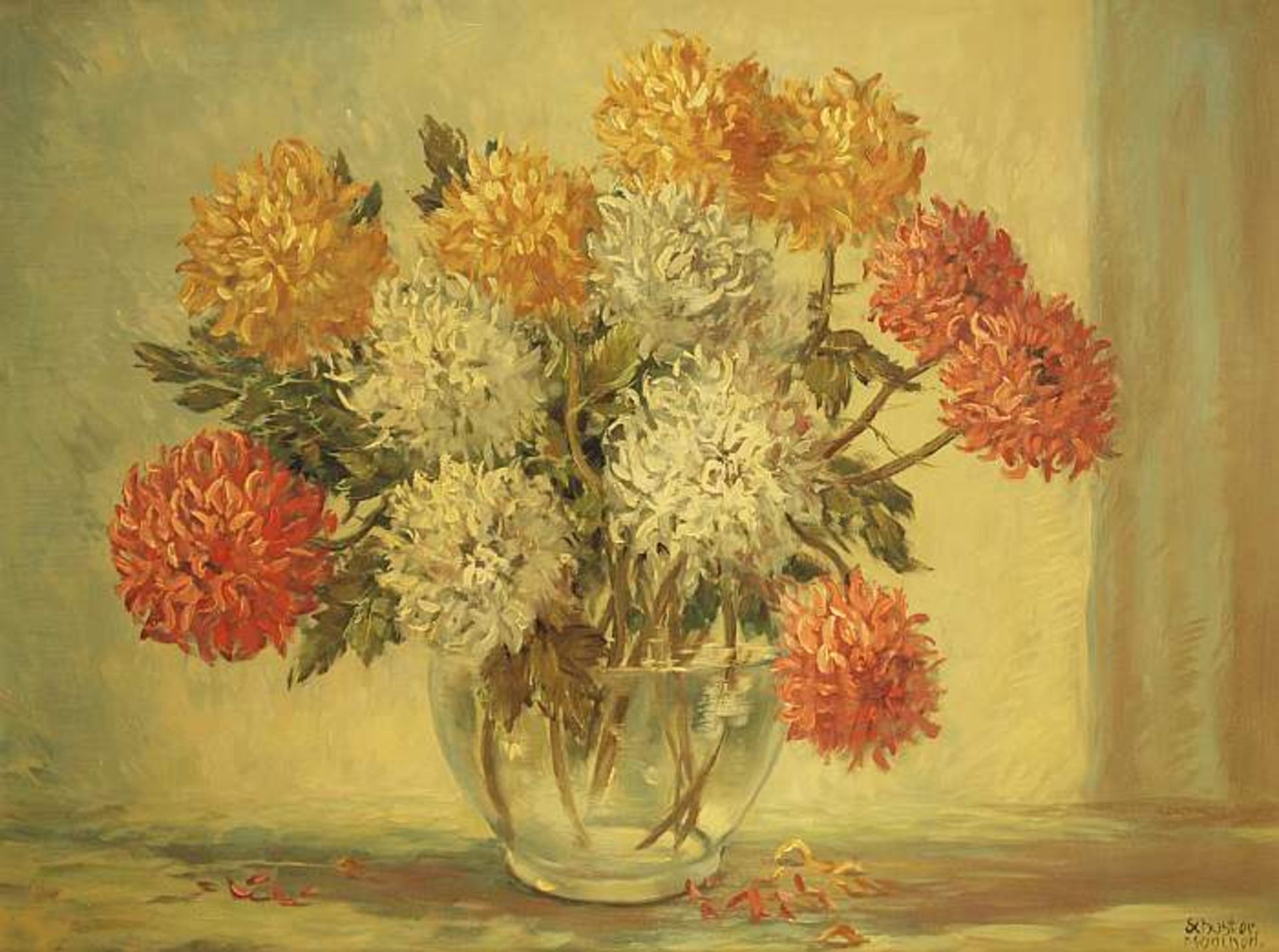 SCHUSTER SCHUSTER. 20. Jahrhundert. Stillleben mit Chrysanthemen in Glasvase. Öl auf