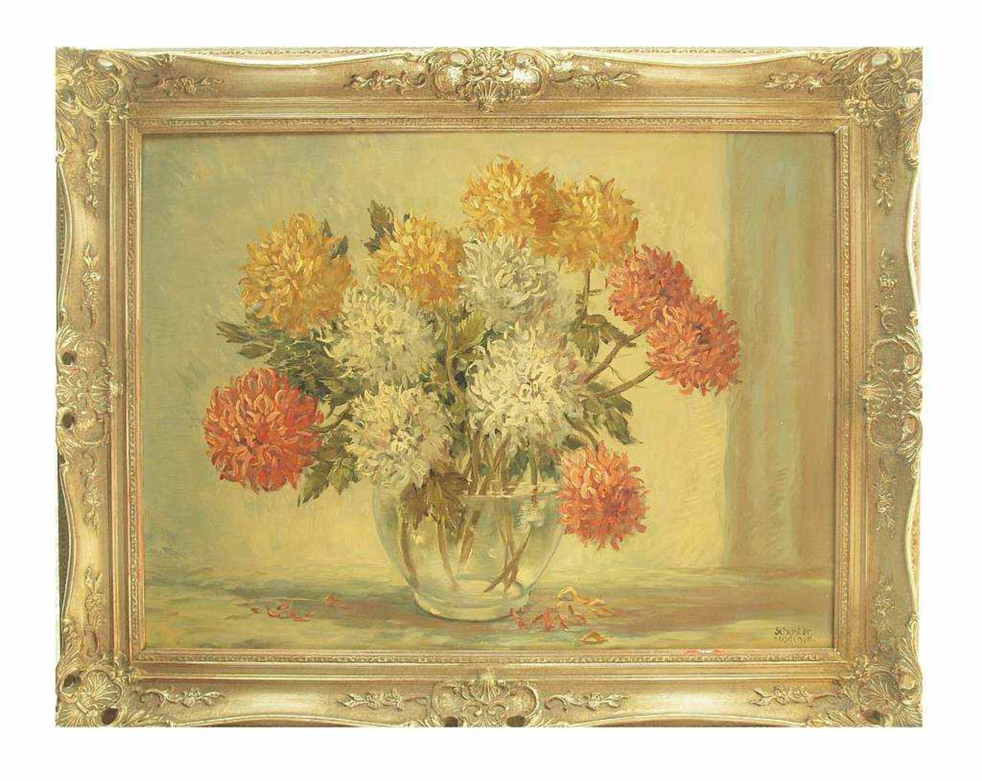 SCHUSTER SCHUSTER. 20. Jahrhundert. Stillleben mit Chrysanthemen in Glasvase. Öl auf - Bild 3 aus 5