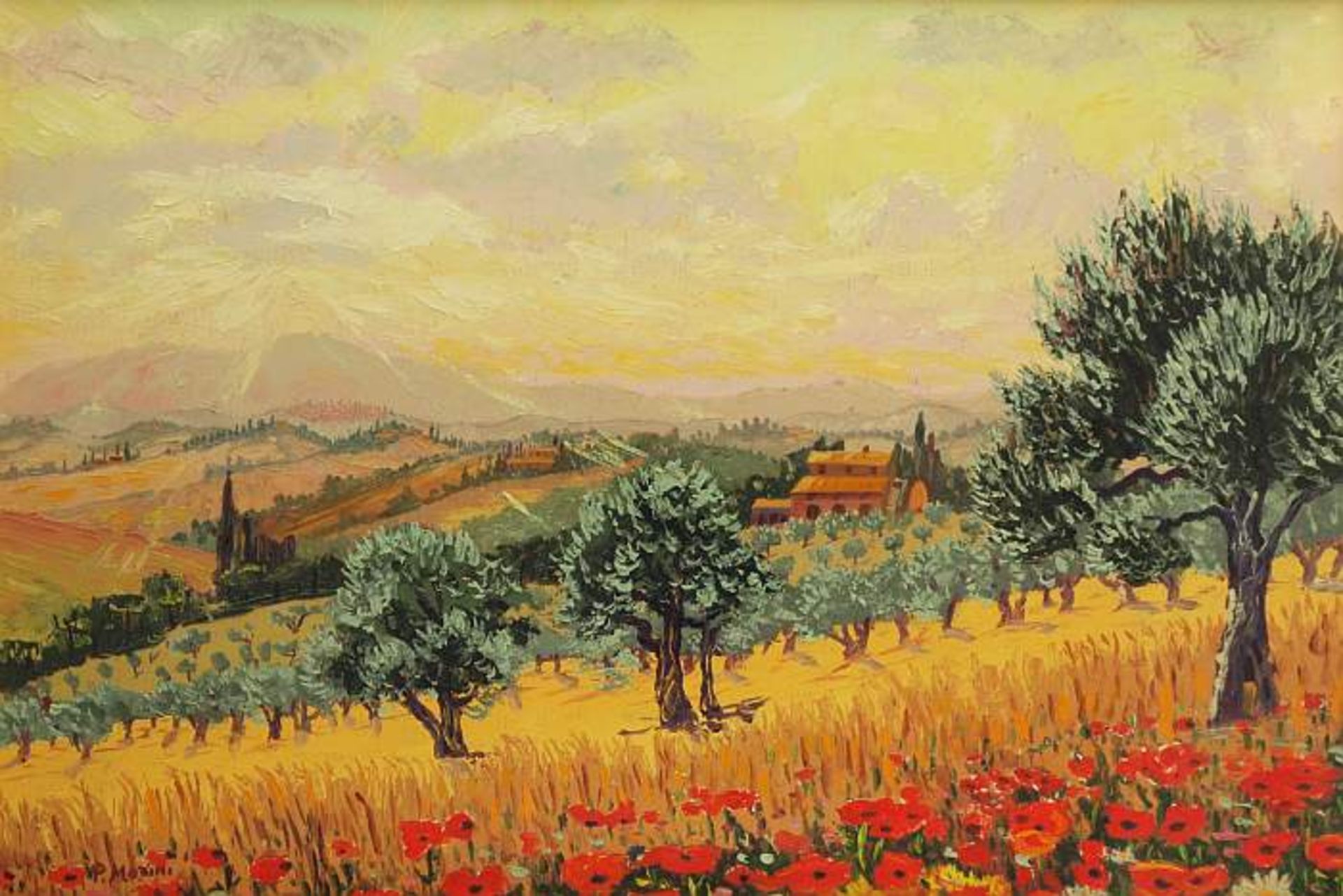 MORINI, P. MORINI, P. 20. Jahrhundert. Toskanische Sommerlandschaft mit Mohnblumen. Öl auf Leinwand,