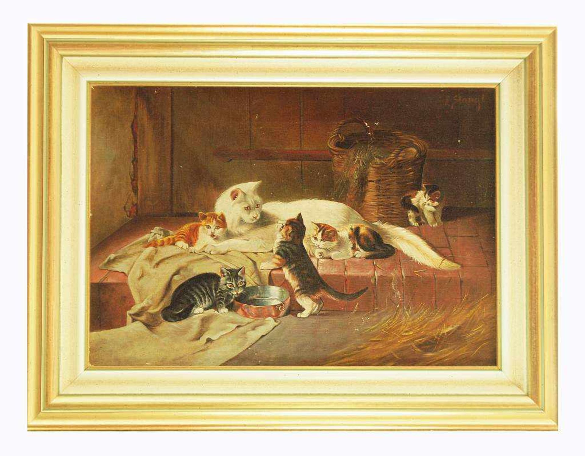 STANGL, Franz Xaver. STANGL, Franz Xaver. 20. Jahrhundert. Katzenmutter mit ihren fünf Jungen, Öl - Image 3 of 5