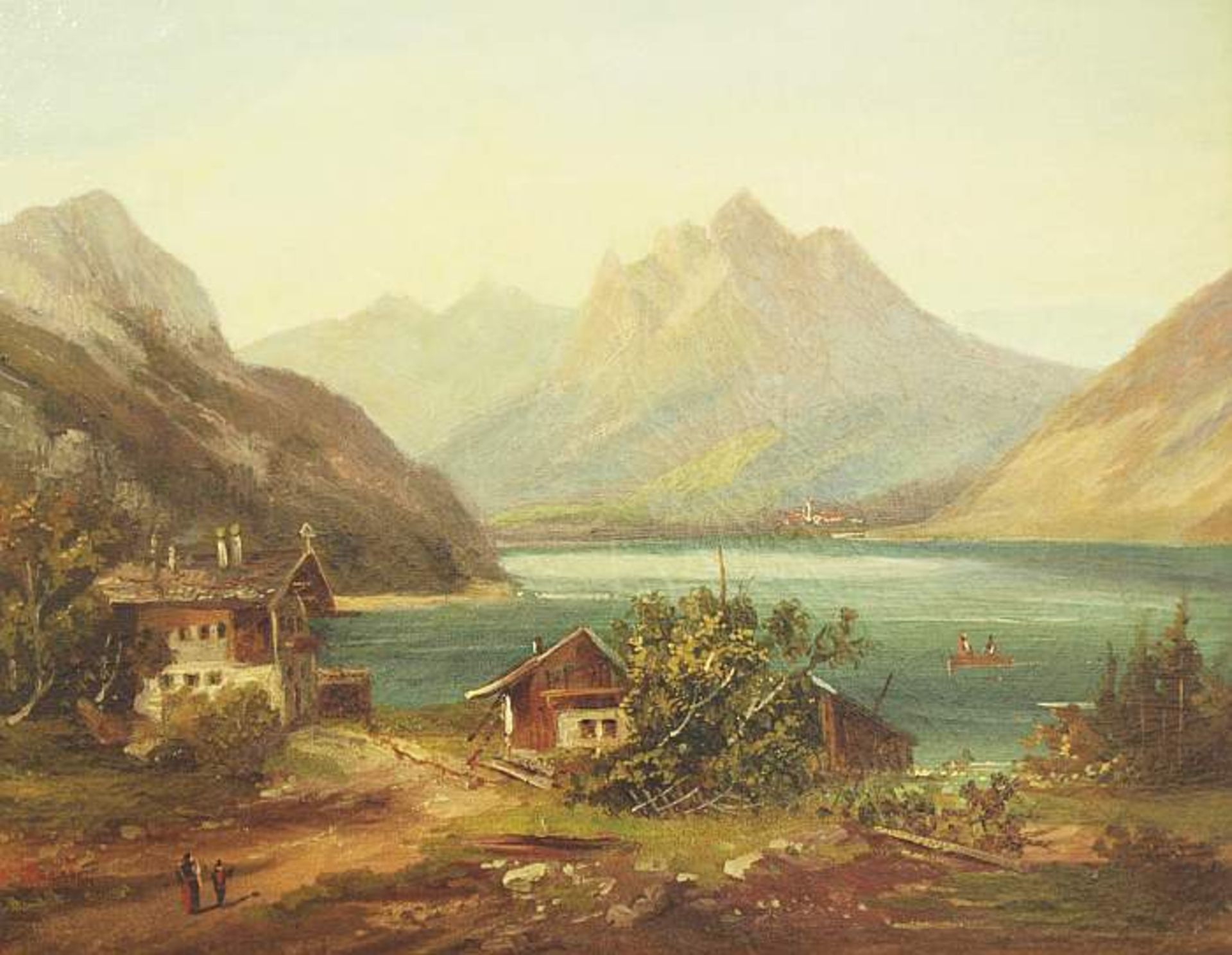 Ländliches Anwesen am Gebirgssee. Ländliches Anwesen am Gebirgssee. 19. Jahrhundert. Öl auf Holz,