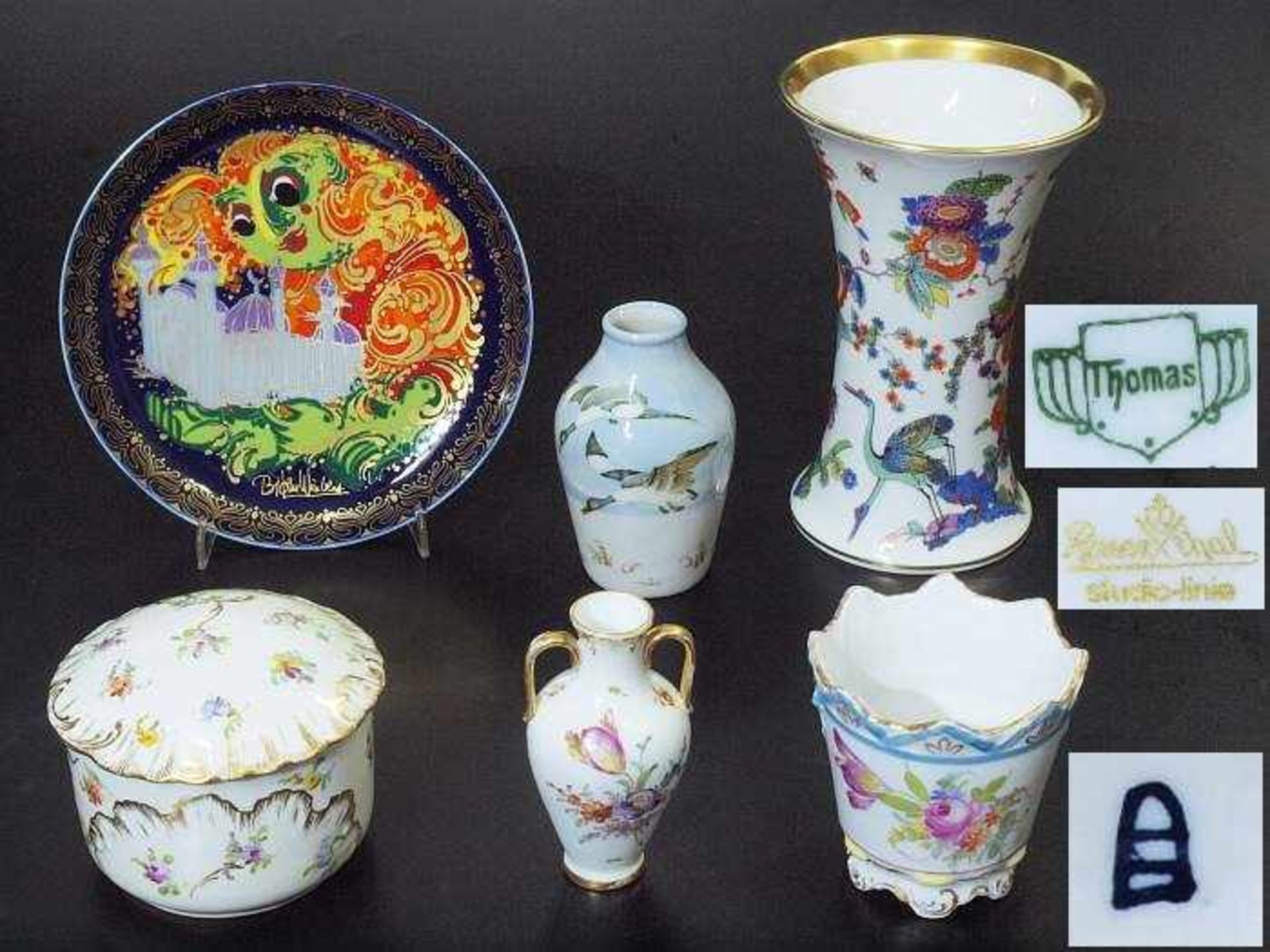 Sechs Teile Konvolut. Sechs Teile Konvolut. Bestehend aus: 1) Vase, Thomas Bavaria, farbige Bemalung