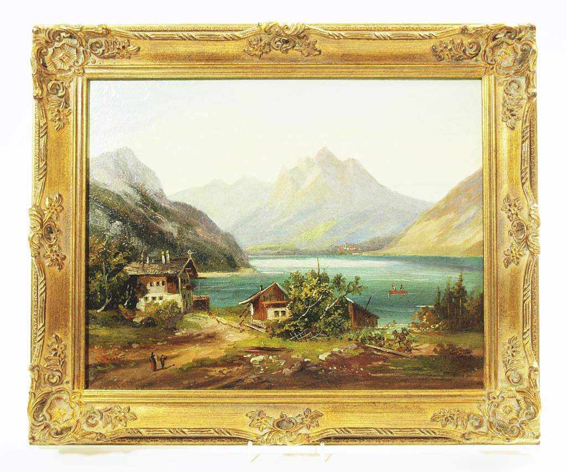 Ländliches Anwesen am Gebirgssee. Ländliches Anwesen am Gebirgssee. 19. Jahrhundert. Öl auf Holz, - Bild 3 aus 5