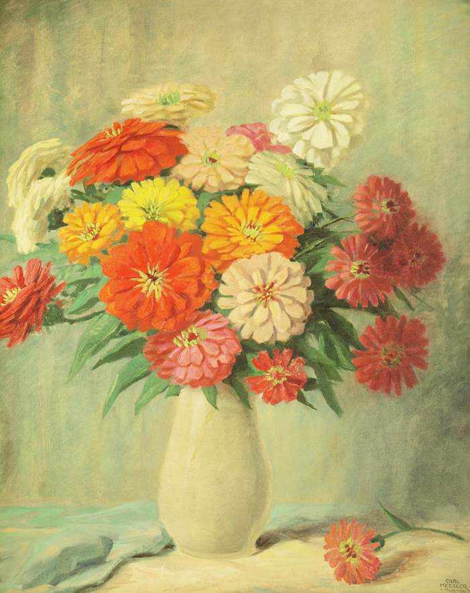 KESSLER, Carl. KESSLER, Carl. 1876 Coburg - 1968 München. Blumenstrauß mit Dahlien in Vase. Öl auf