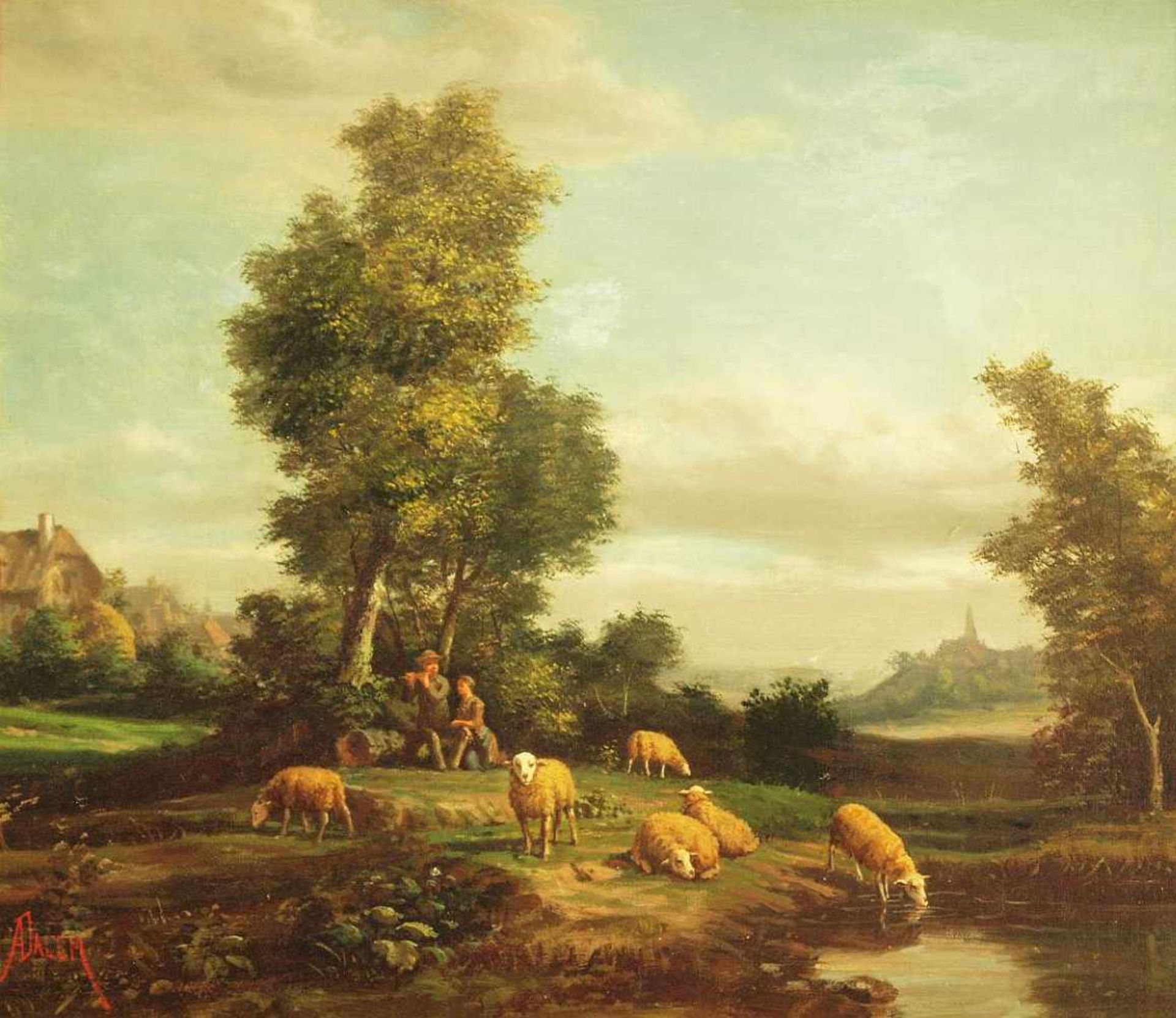 Romantisches Landschaftsbild "Liebespaar mit Schafen". Romantisches Landschaftsbild "Liebespaar - Bild 2 aus 5