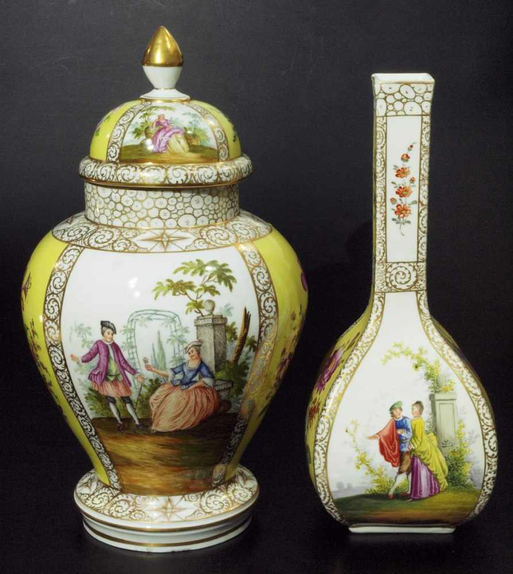 Vase. Deckedose. Vase. Deckedose. Thüringen, 20. Jahrhundert. Polychrome Vierfeldermalerei im - Bild 2 aus 6