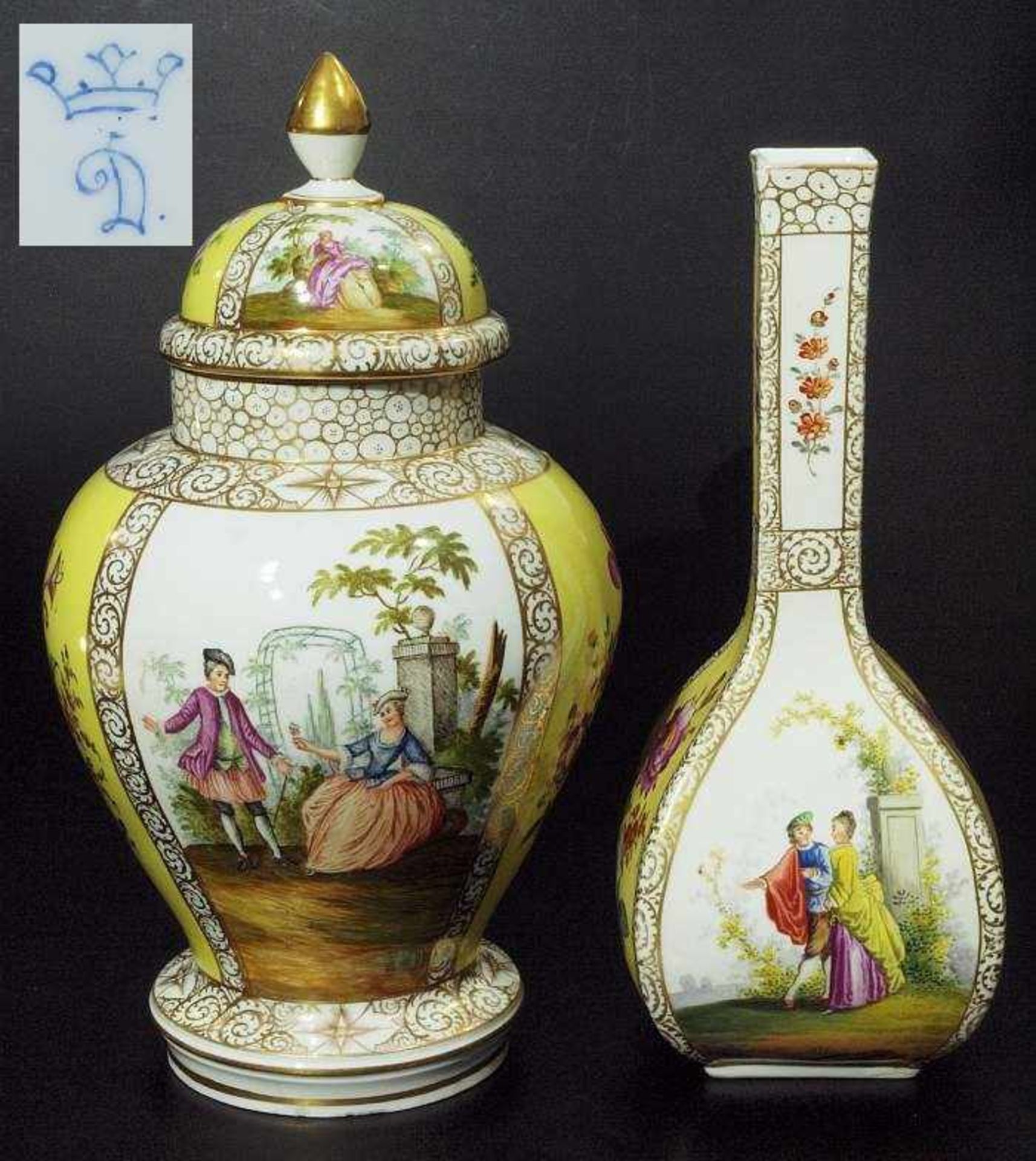 Vase. Deckedose. Vase. Deckedose. Thüringen, 20. Jahrhundert. Polychrome Vierfeldermalerei im