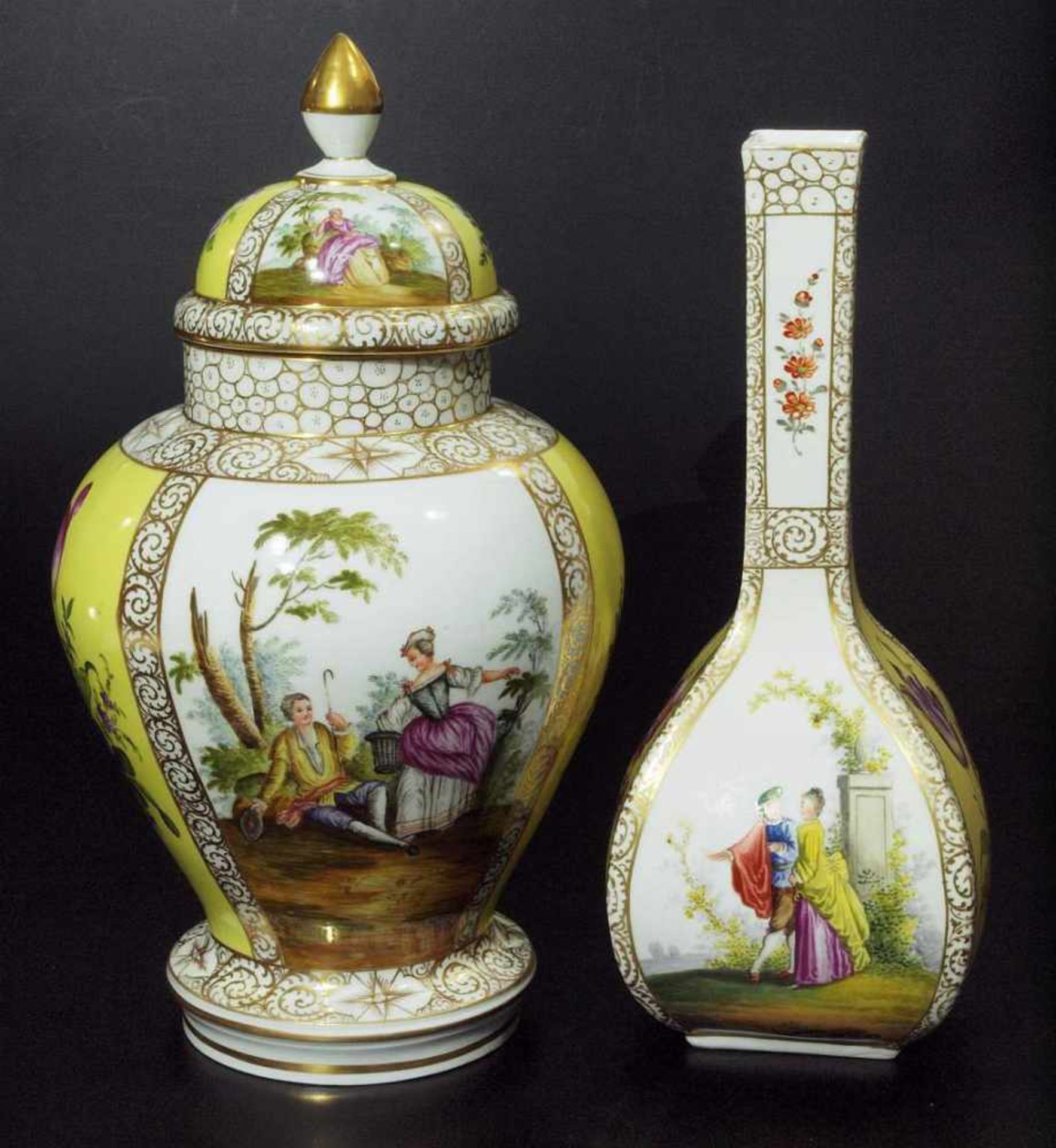 Vase. Deckedose. Vase. Deckedose. Thüringen, 20. Jahrhundert. Polychrome Vierfeldermalerei im - Bild 4 aus 6