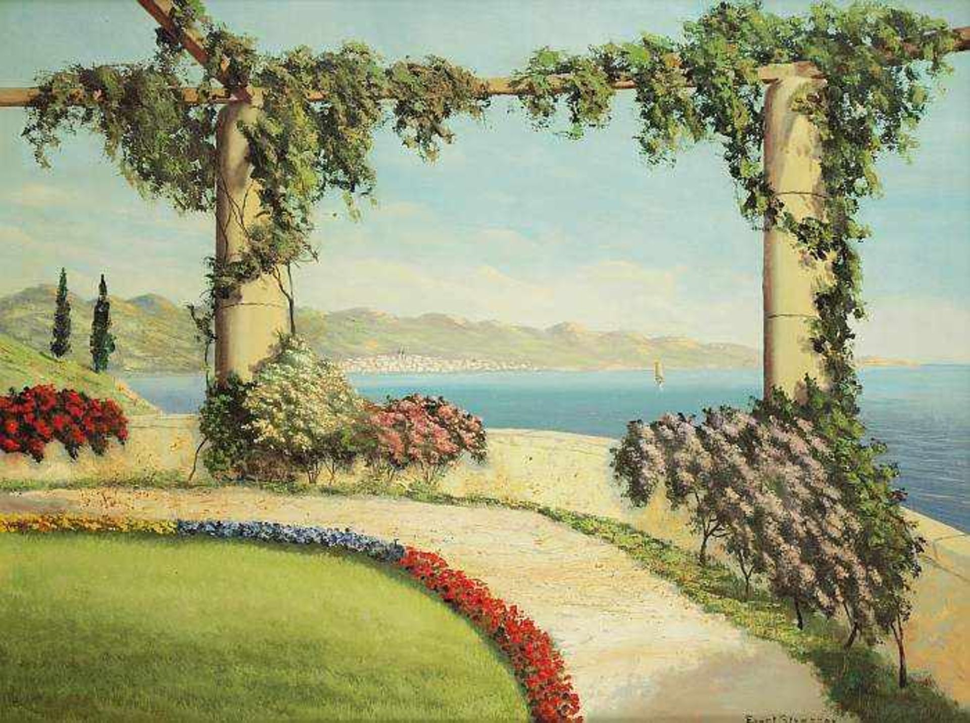 STRASSER, Ernst. STRASSER, Ernst. 1905 - 1997. Italienische Küstenlandschaft mit Promenade und