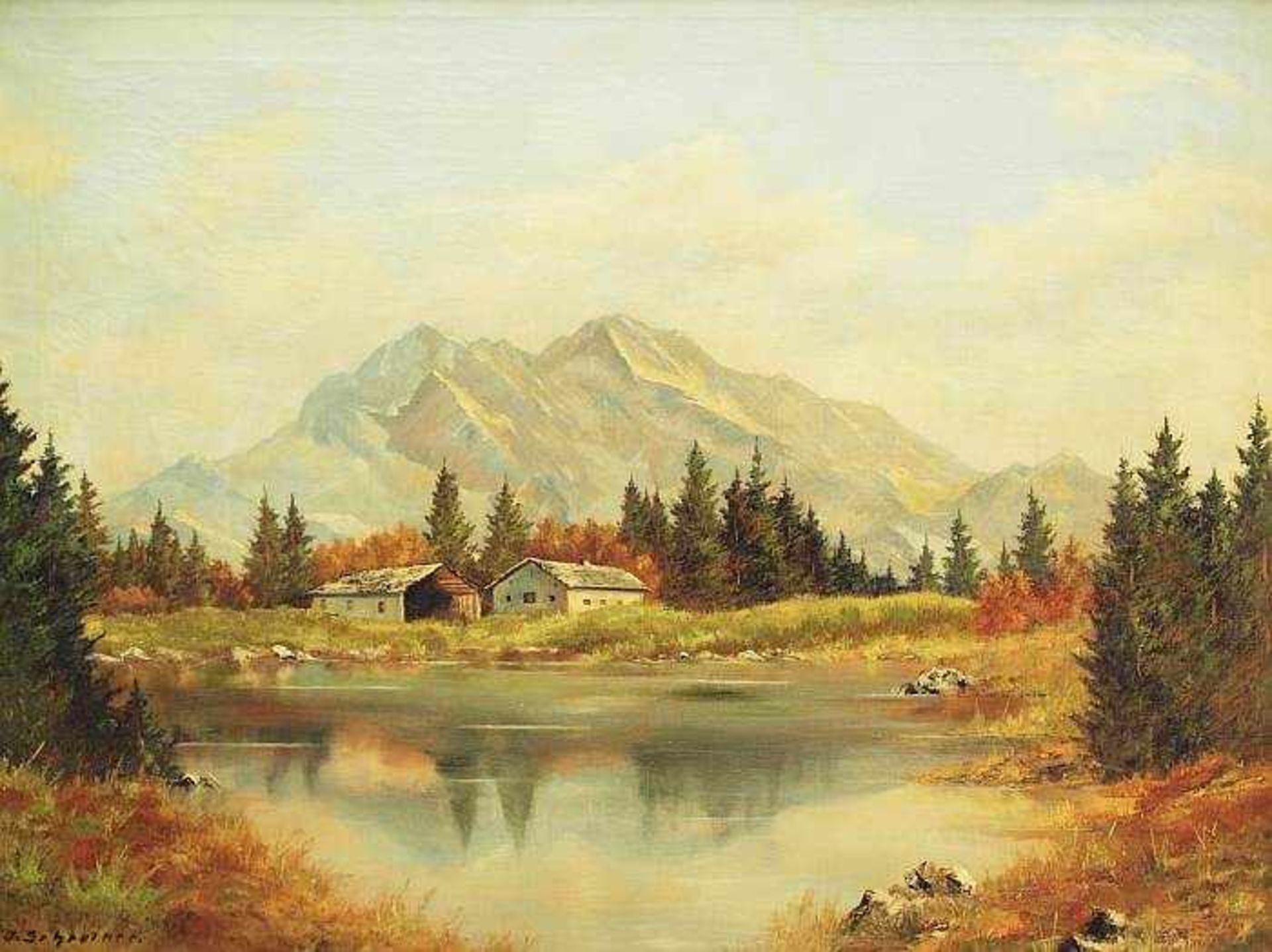 Romantische Alpenlandschaft.Romantische Alpenlandschaft. Anfang 20. Jahrhundert. Öl auf Leinwand,
