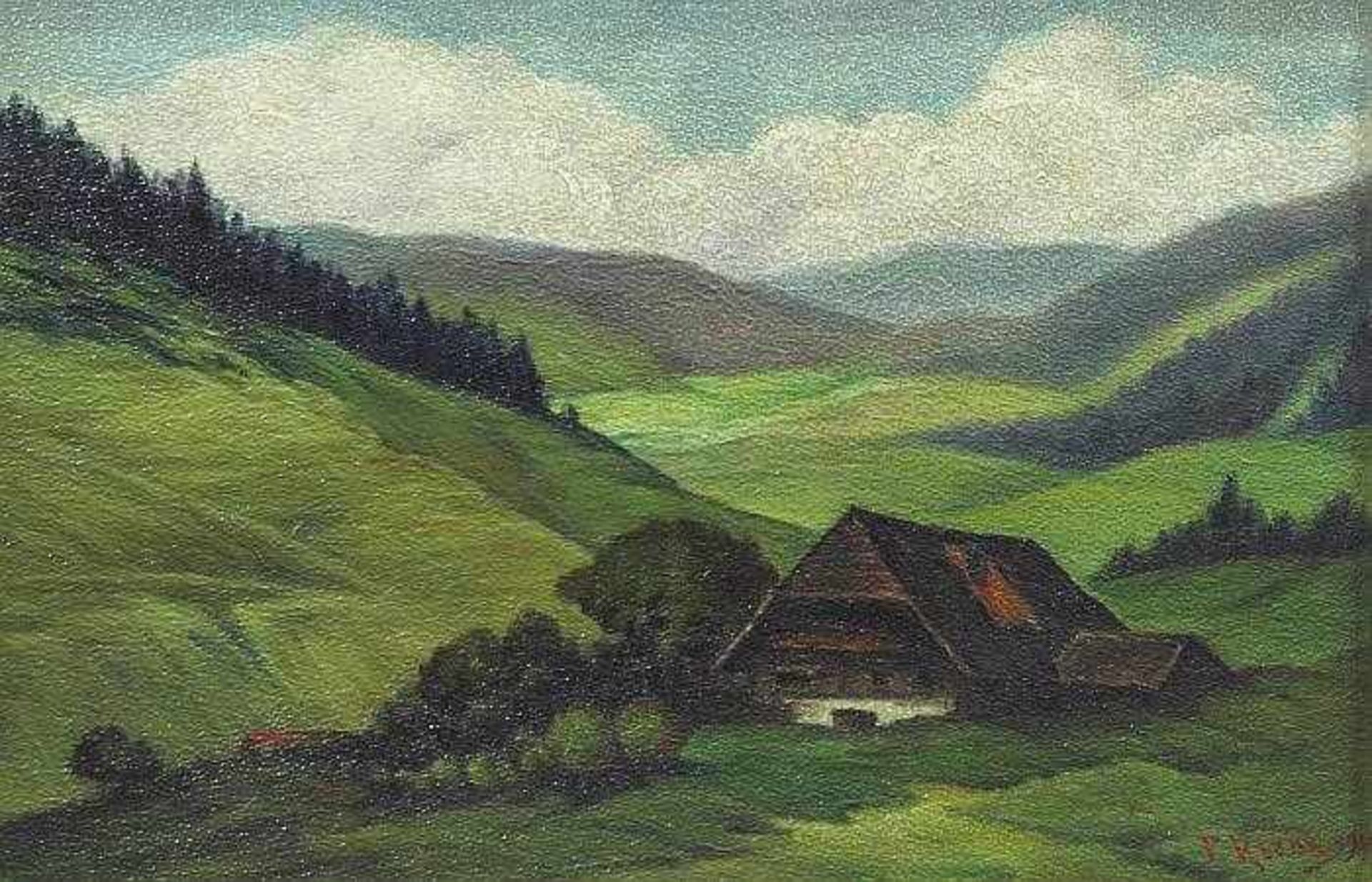 KLENK, F. KLENK, F. 20. Jahrhundert. Bauerngehöft in Schwarzwaldlandschaft. Öl auf Karton, rechts