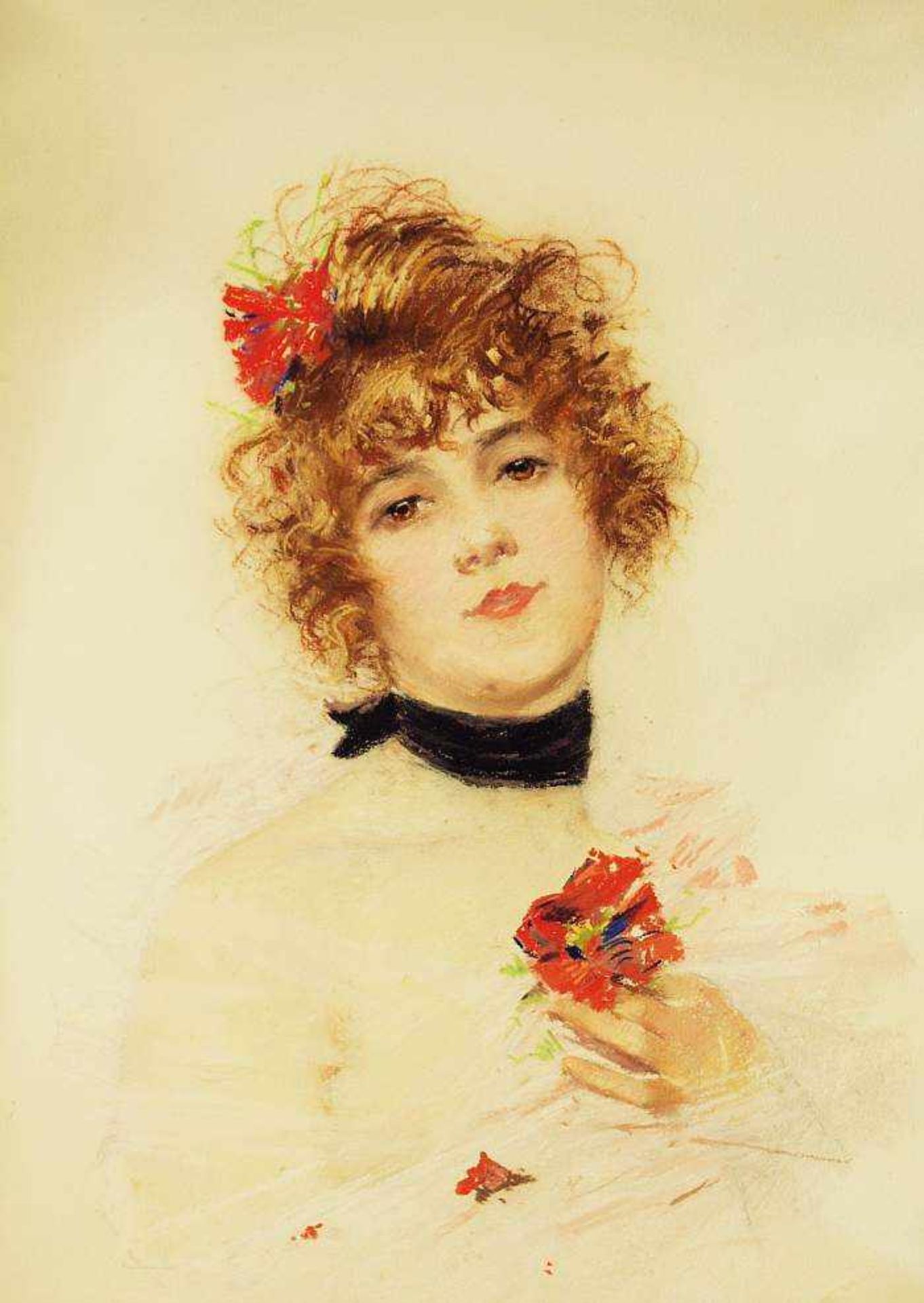 Französische Tänzerin mit Blüte im Haar und in linker Hand.Französische Tänzerin mit Blüte im Haar