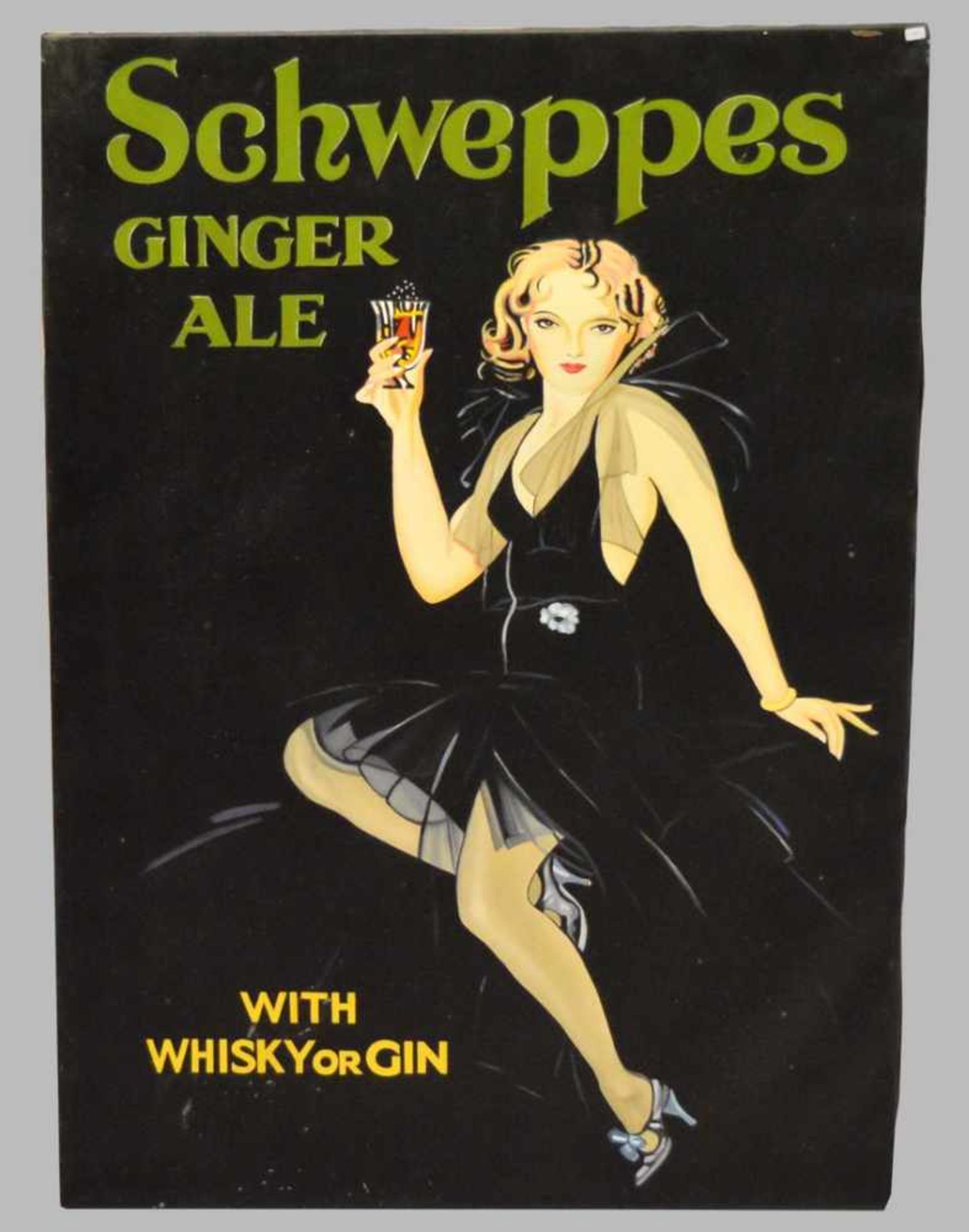 Werbeschild Schweppes Ginger Ale, mit Mädchen im schwarzen Kleid, Öl/Lwd., 80 X 110 cm, ohne Rahmen
