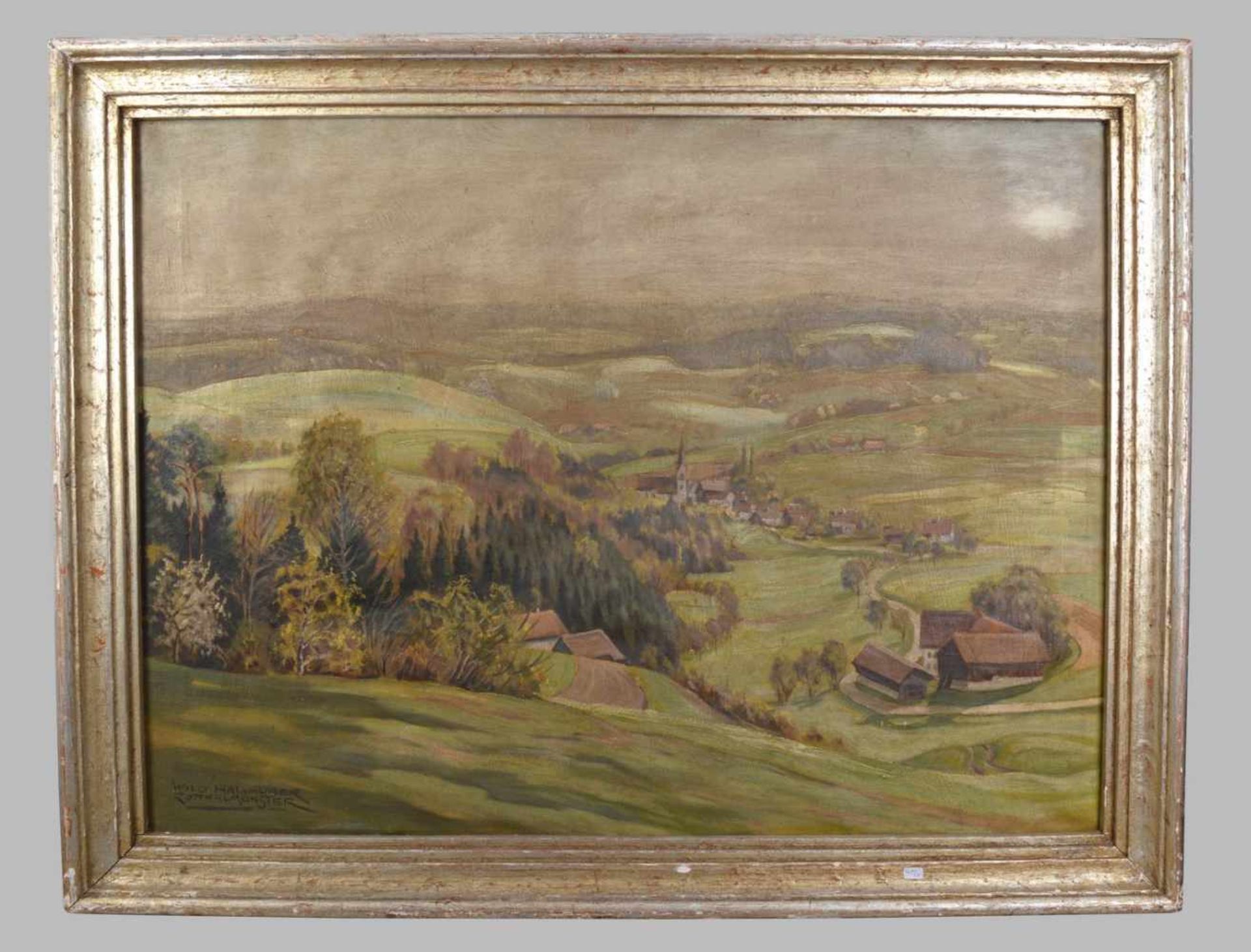 Willi Hallhuber um 1930, Ansicht von Rotthalmünster in weiter Landschaft, Öl/Lwd., u.r.sign., 67 X