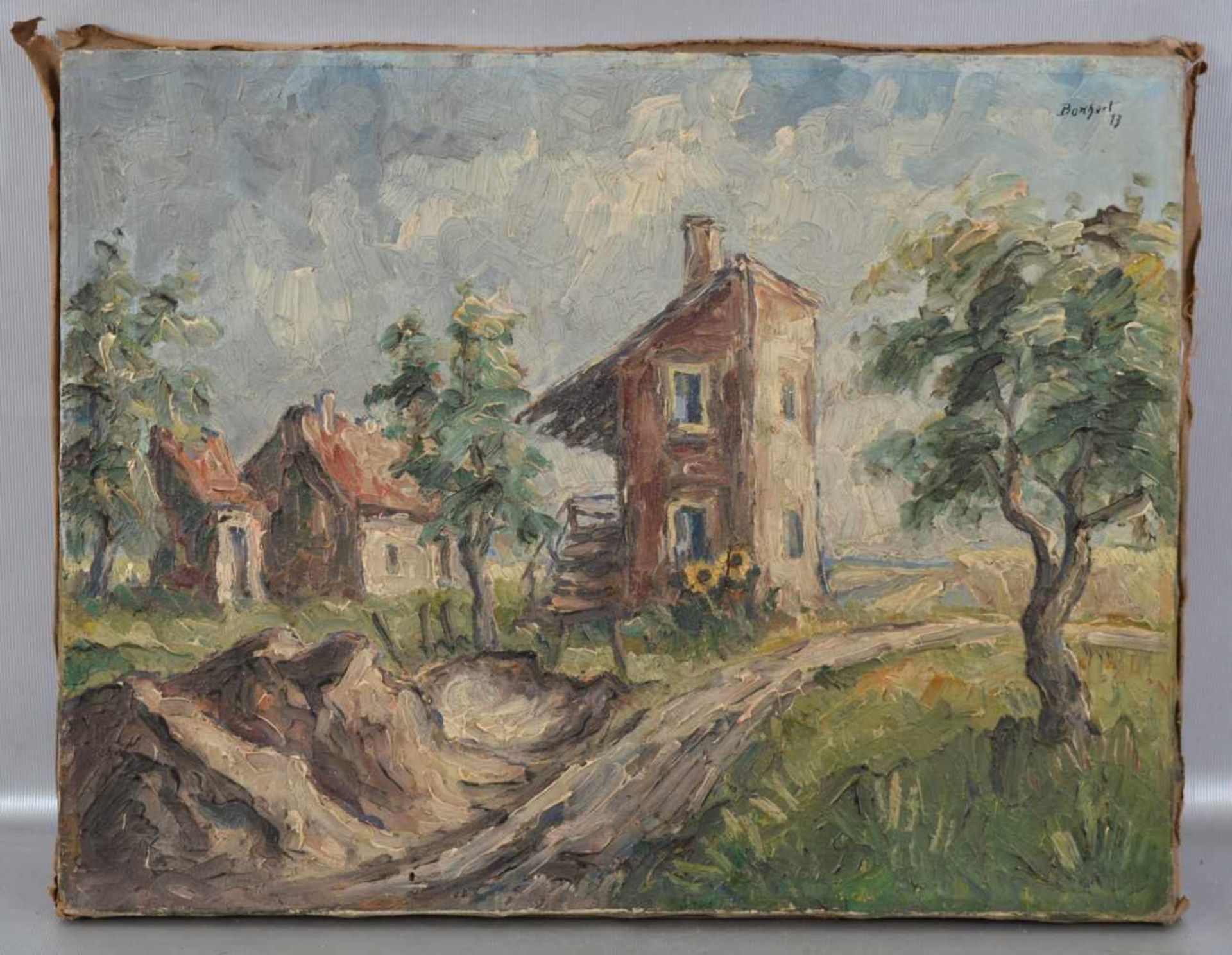 Gerhard Borchert dat. 1930, altes Haus am Wegrand, Öl/Lwd., o.r.sign., 32 X 41 cm, ohne Rahmen